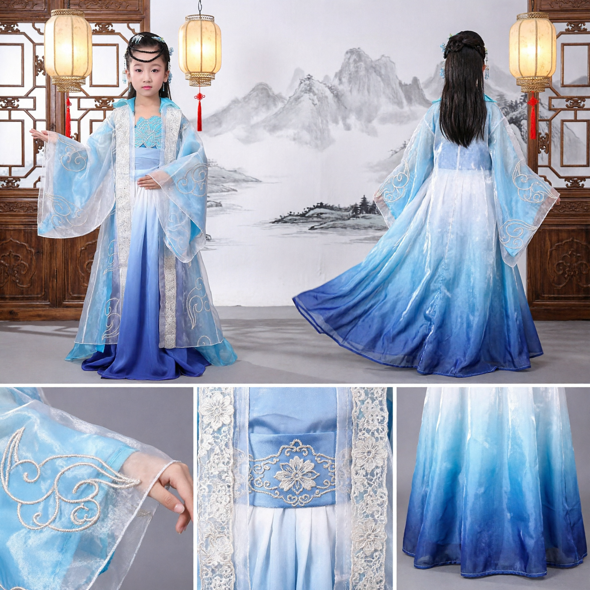 Costume traditionnel chinois Hanfu pour filles enfants - Robe de princesse fée bleue pour spectacle sur scène - Asian Costume
