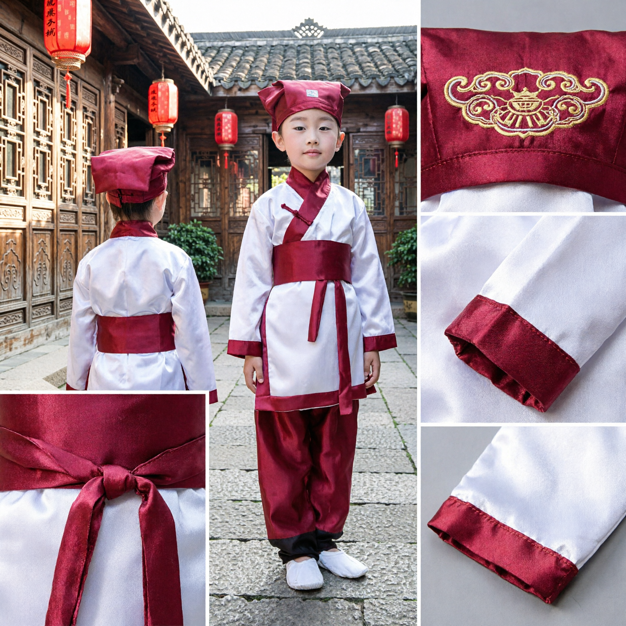 Costume d'érudit ancien chinois pour enfants - Tenue traditionnelle Hanfu rouge et blanc de garçon lettré pour spectacle sur scène - Asian Costume