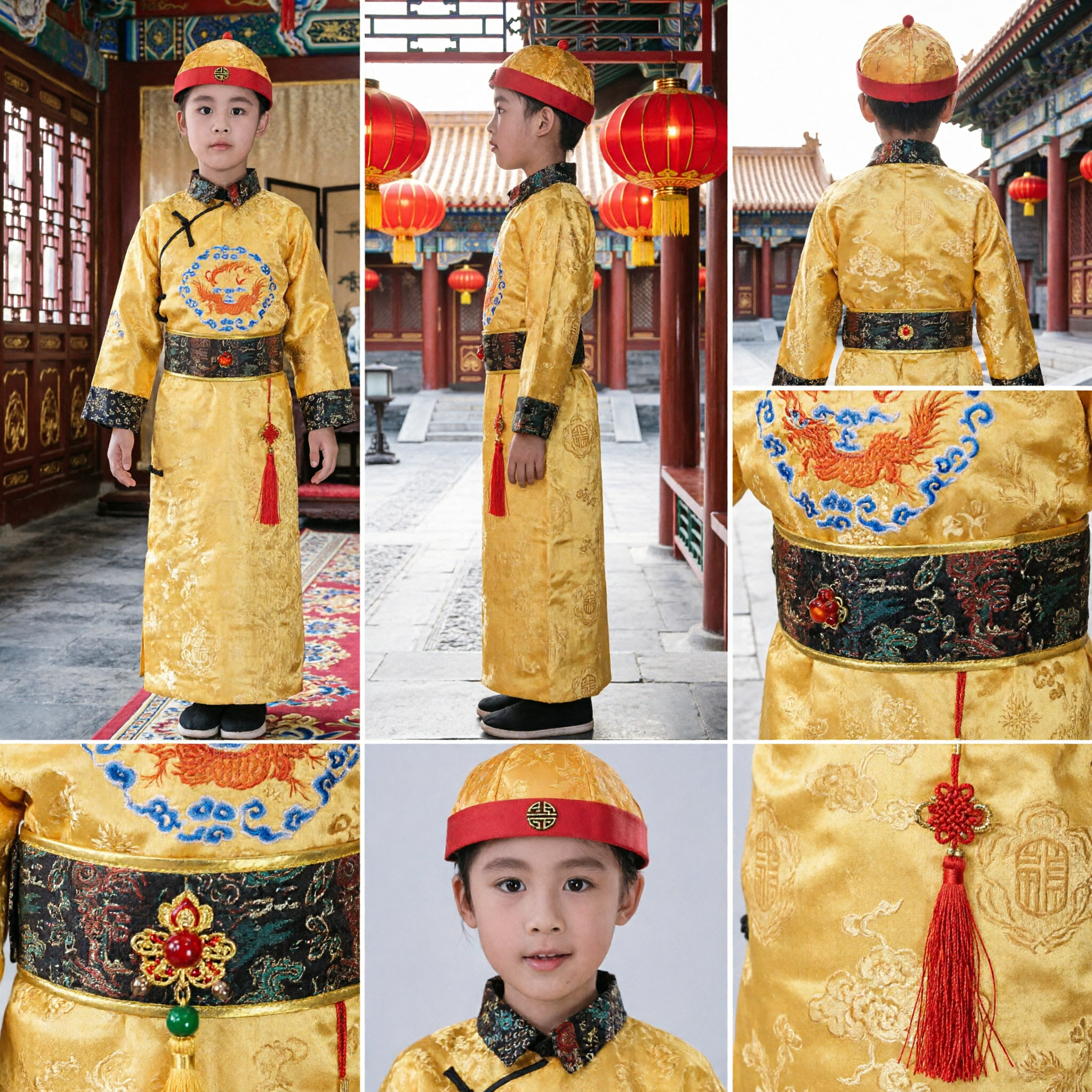 Kinderen Jongens Traditioneel Chinees Qing-dynastie Keizerkostuum Geel Drakengewaad en Hoedset voor Optreden - Asian Costume
