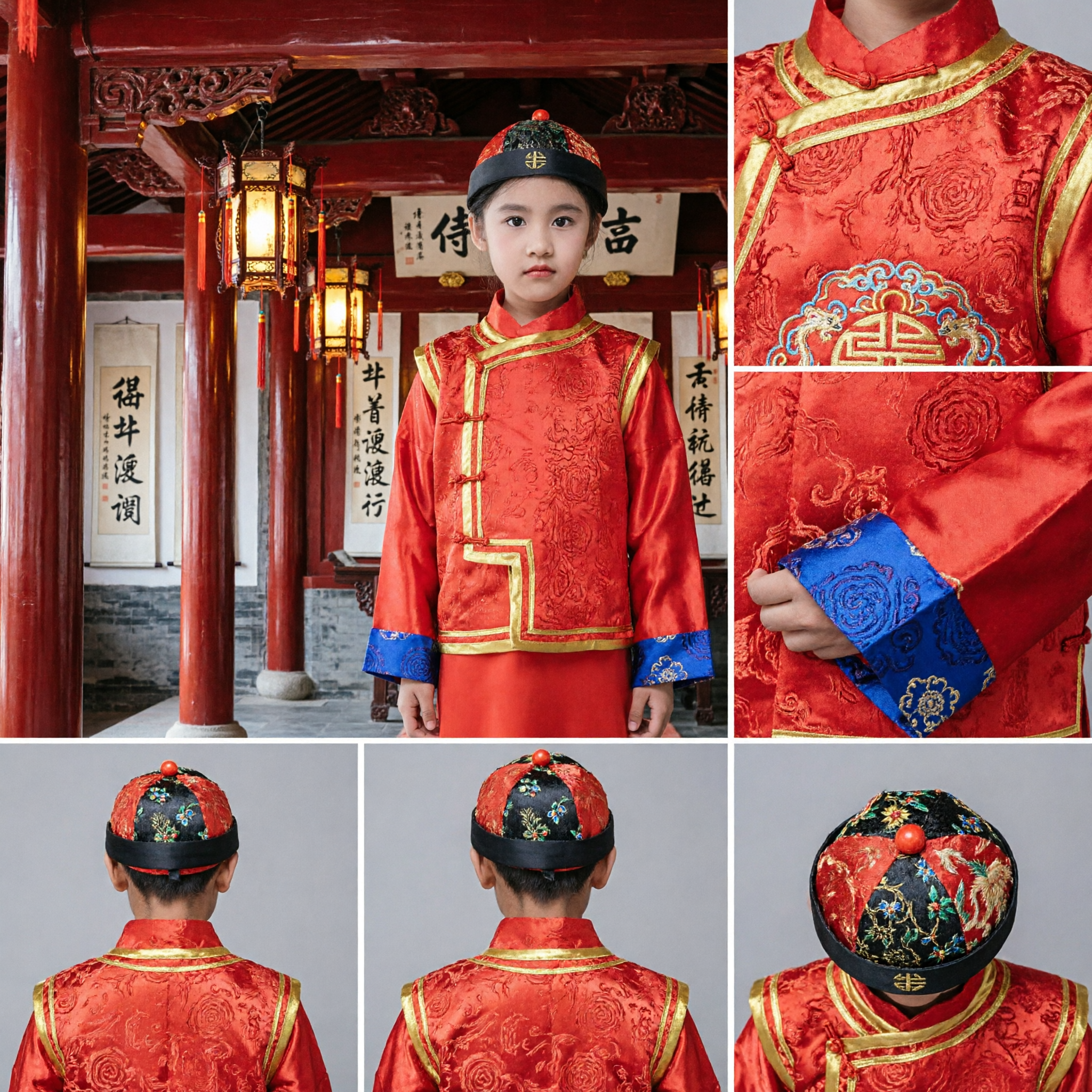 Set Tradizionale Cinese Tang Suit per Bambini, Veste Lunga Rossa e Gilet per Costumi del Capodanno Lunare - Asian Costume