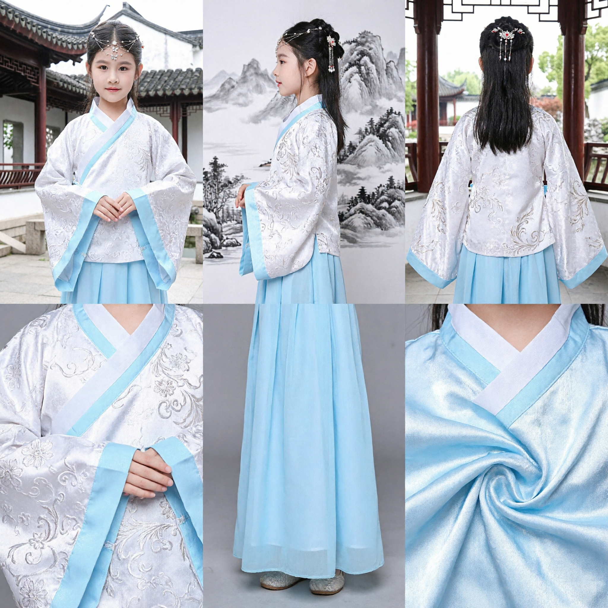 어린이 소녀용 중국 전통 한푸 의상 고대 요정 공주 드레스 블루와 화이트 앙상블 - Asian Costume