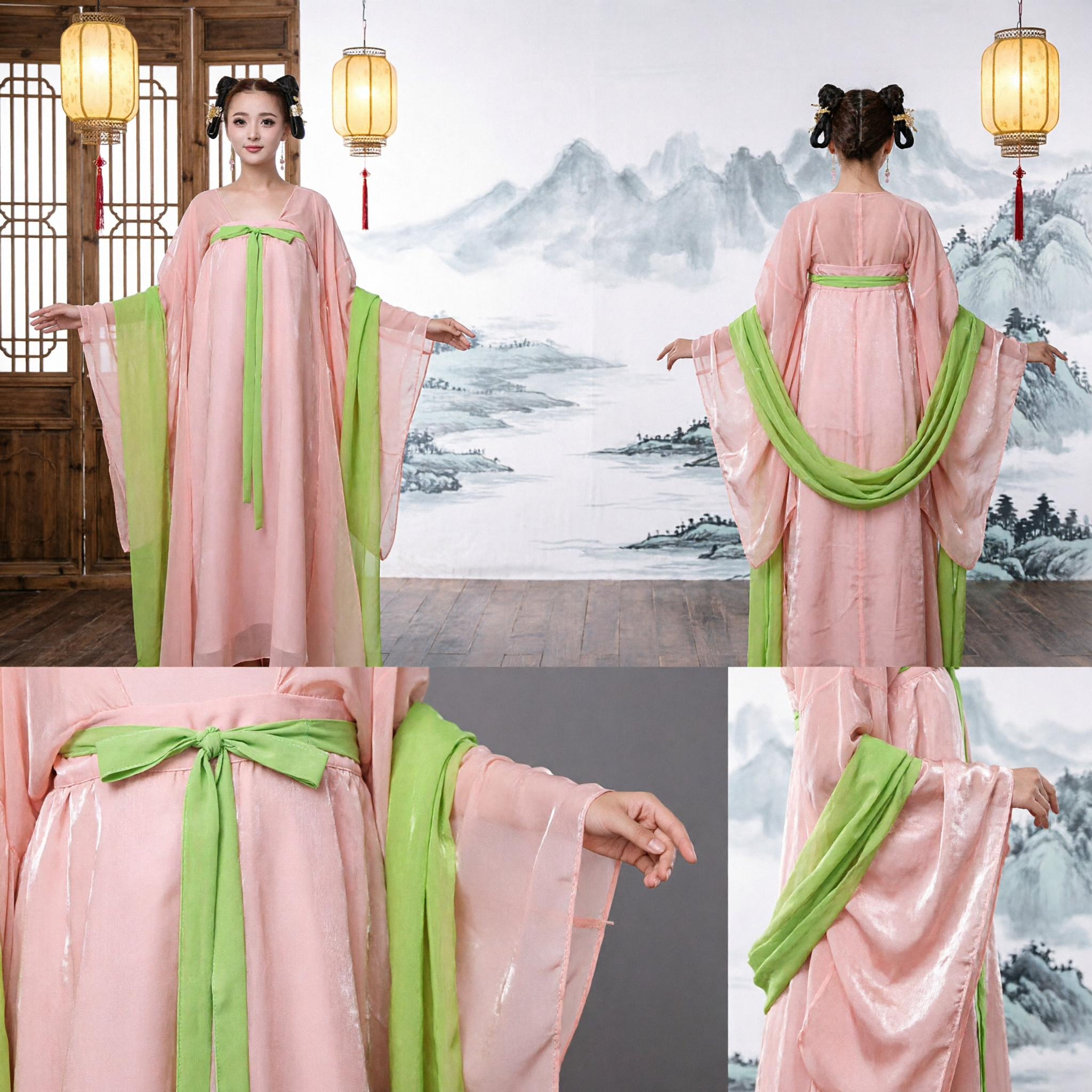 Elegantes rosa-grünes Tang-Dynastie Hanfu traditionelles chinesisches antikes Kostüm für Frauenauftritte - Asian Costume