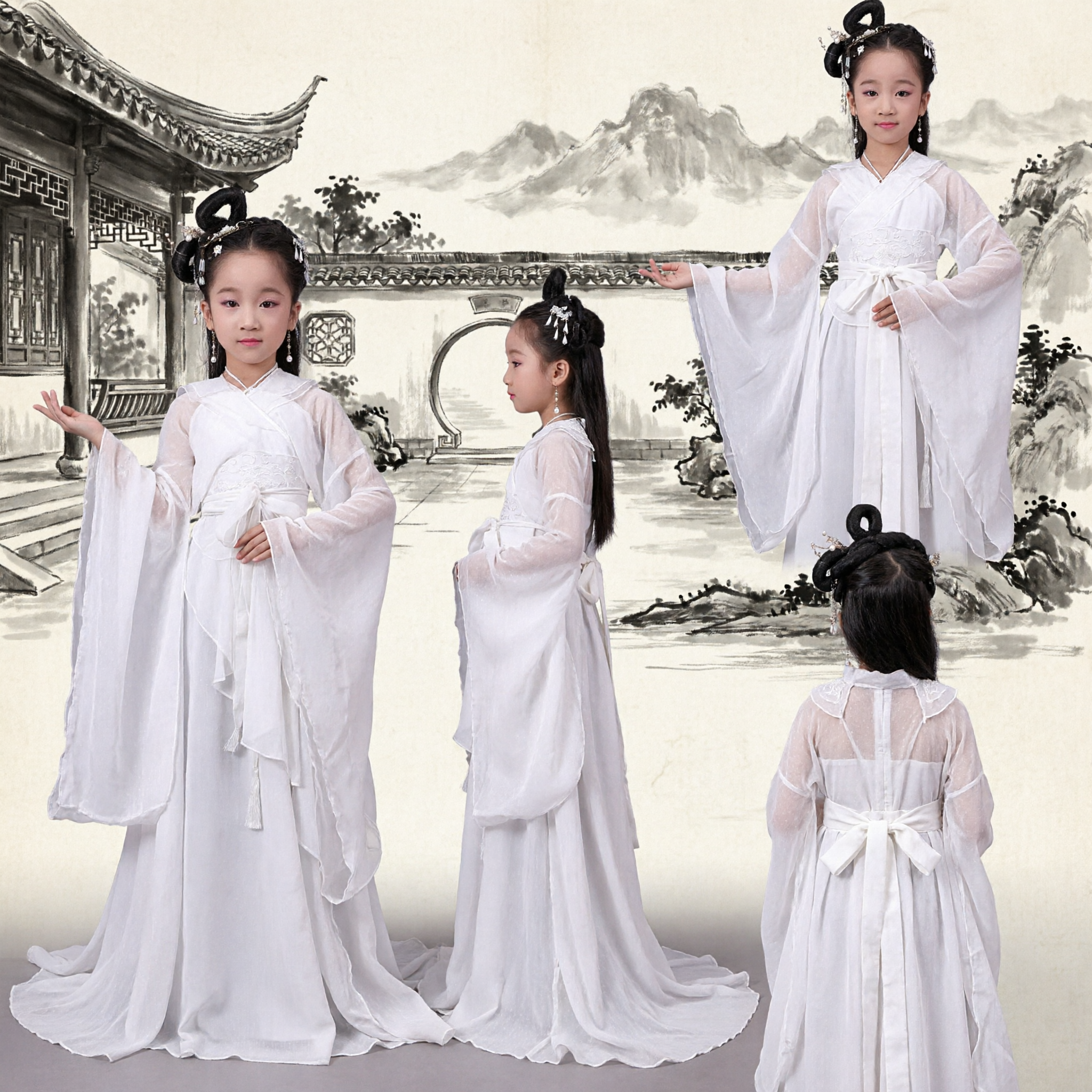 Elegant White Ancient Chinese Hanfu Costume for Girls Traditional Fairy Dress Kids Performance Wear - Asian Costume