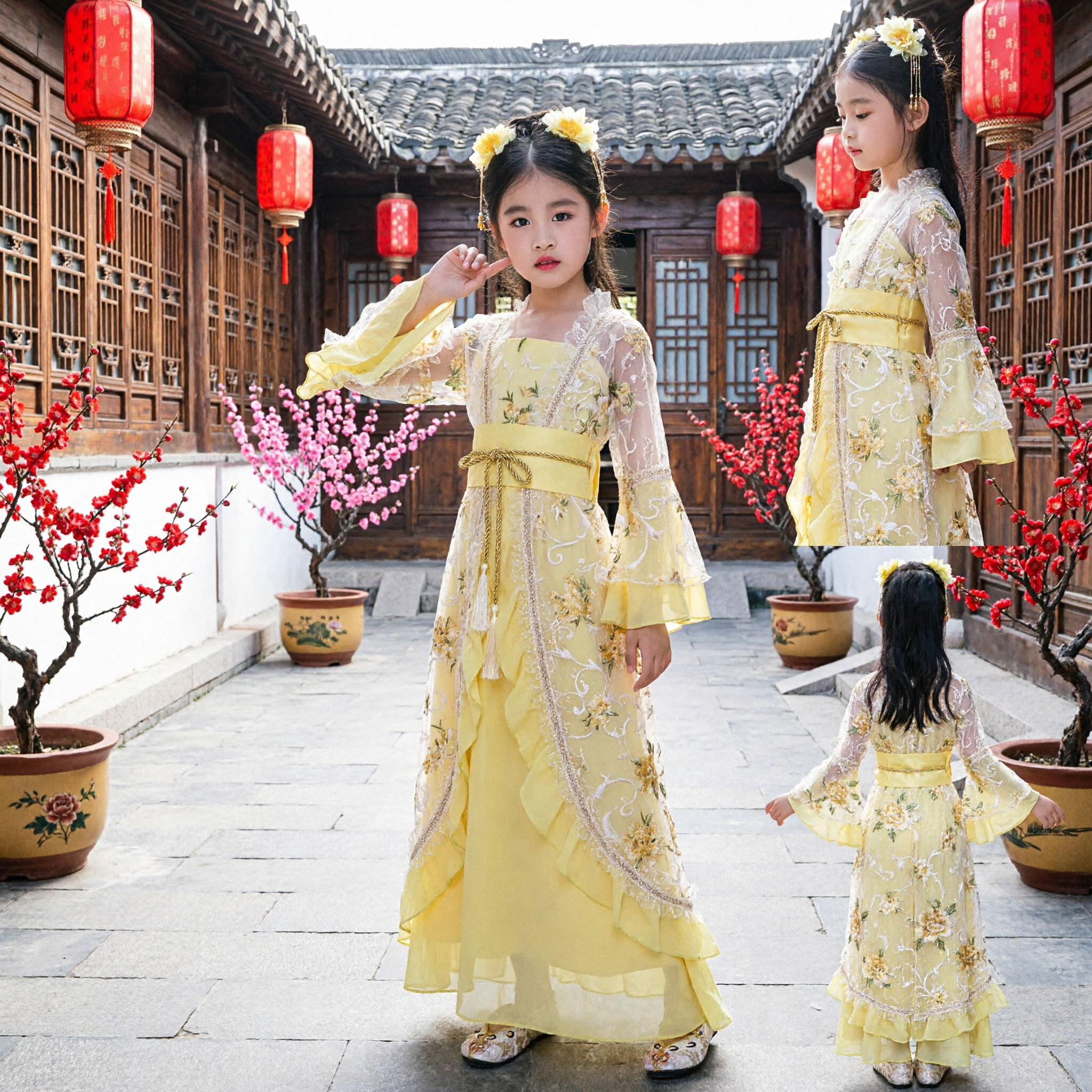 Abito Hanfu Cinese Tradizionale Giallo per Ragazze, Costume da Principessa della Dinastia Tang Antica per Bambini per Spettacoli di Danza - Asian Costume