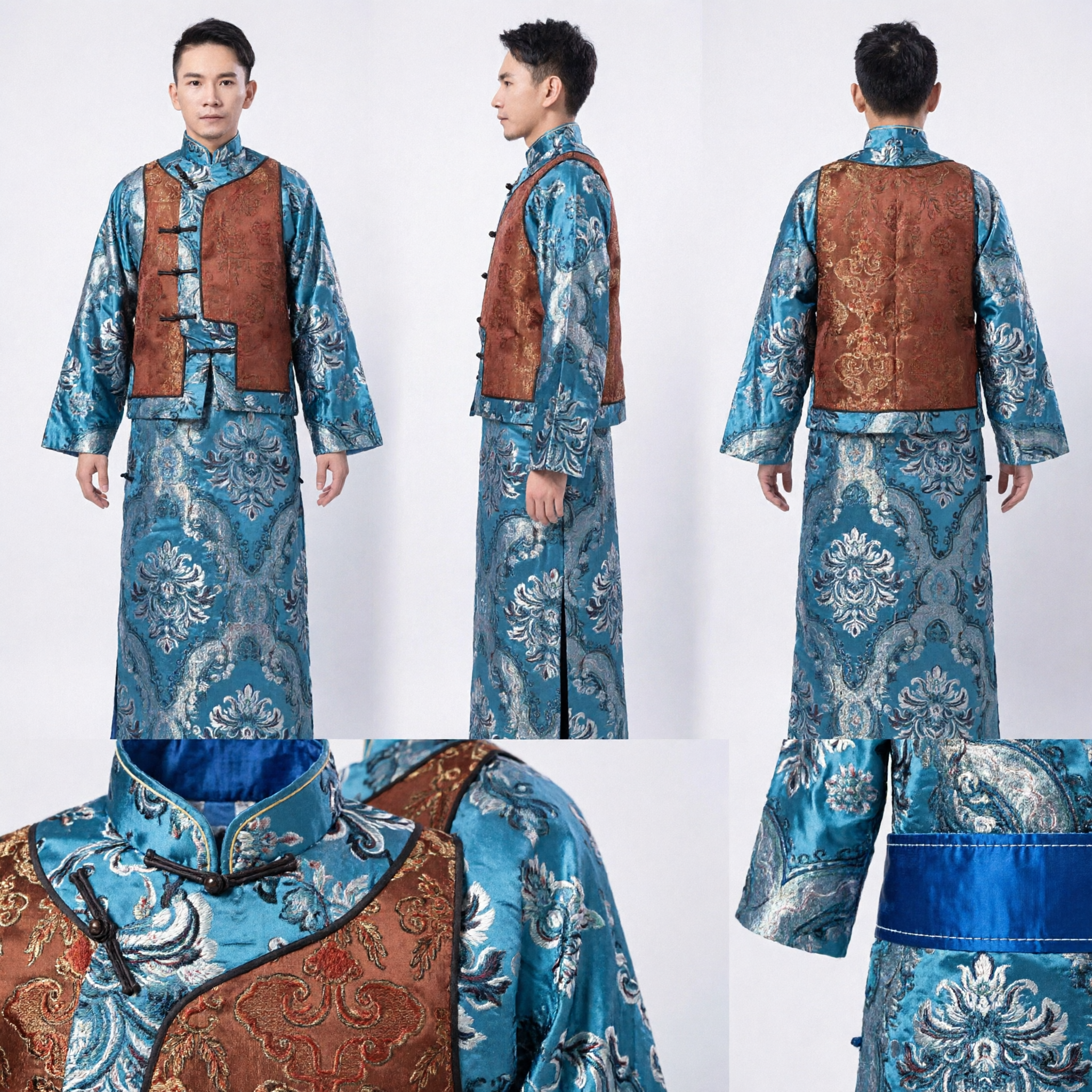 Veste Changshan Tradizionale Cinese in Broccato Blu con Gilet Marrone, Costume da Studente Minguo per Uomini per Spettacoli - Asian Costume