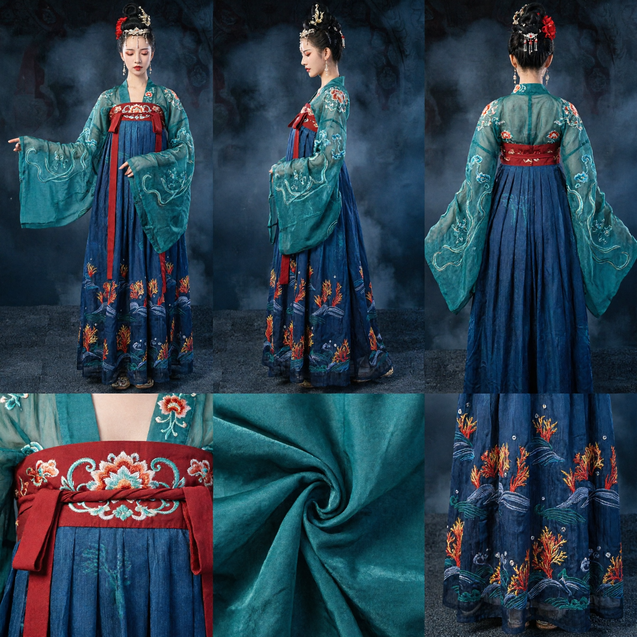Traje Tradicional Chino Hanfu de la Dinastía Tang Vestido Antiguo Azul Verdoso para Mujeres para Presentaciones de Danza Histórica - Asian Costume