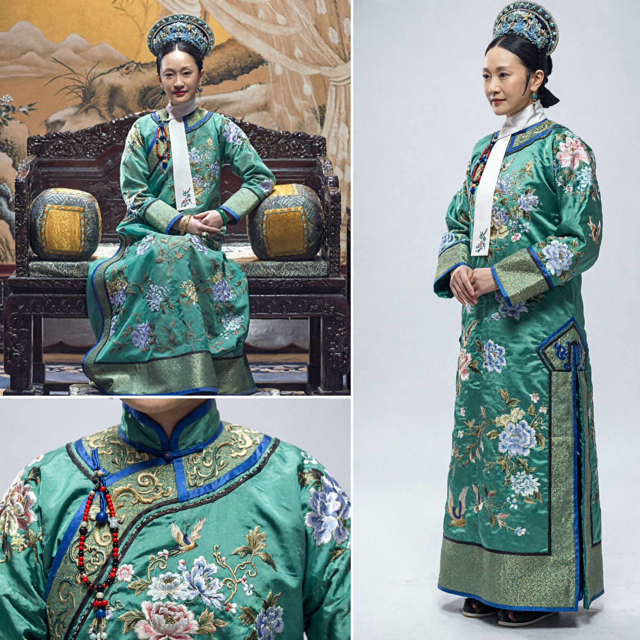 Costume traditionnel chinois de dame noble mandchoue de la dynastie Qing - Robe verte brodée et coiffe pour femmes - Asian Costume