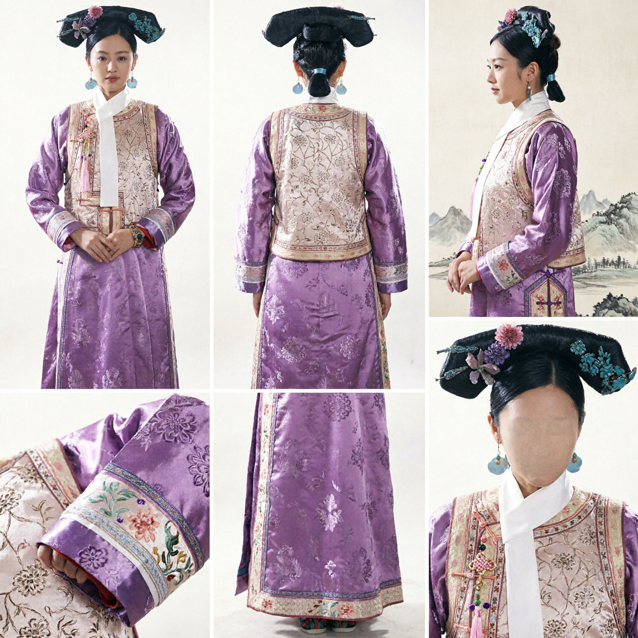 Traje de Dama de Palacio Manchú de la Dinastía Qing China Antigua, Conjunto de Túnica Púrpura Bordada y Tocado para Mujer, para Cosplay - Asian Costume