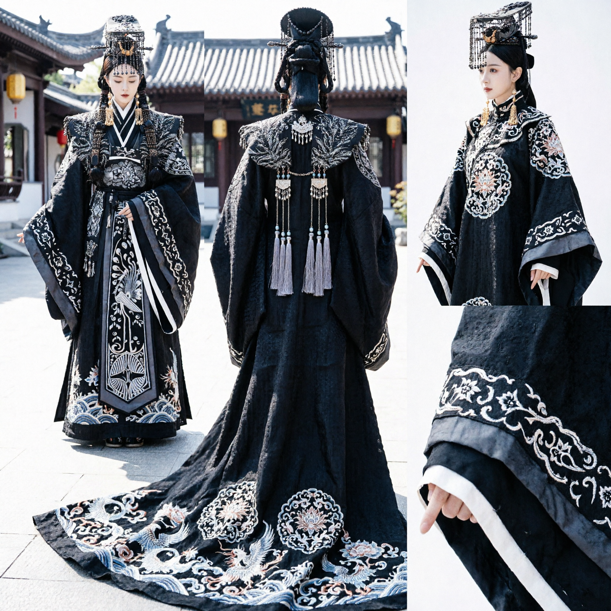 Ensemble de costume Hanfu noir d'impératrice ancienne chinoise avec coiffe élaborée pour femmes pour cosplay de drame historique - Asian Costume