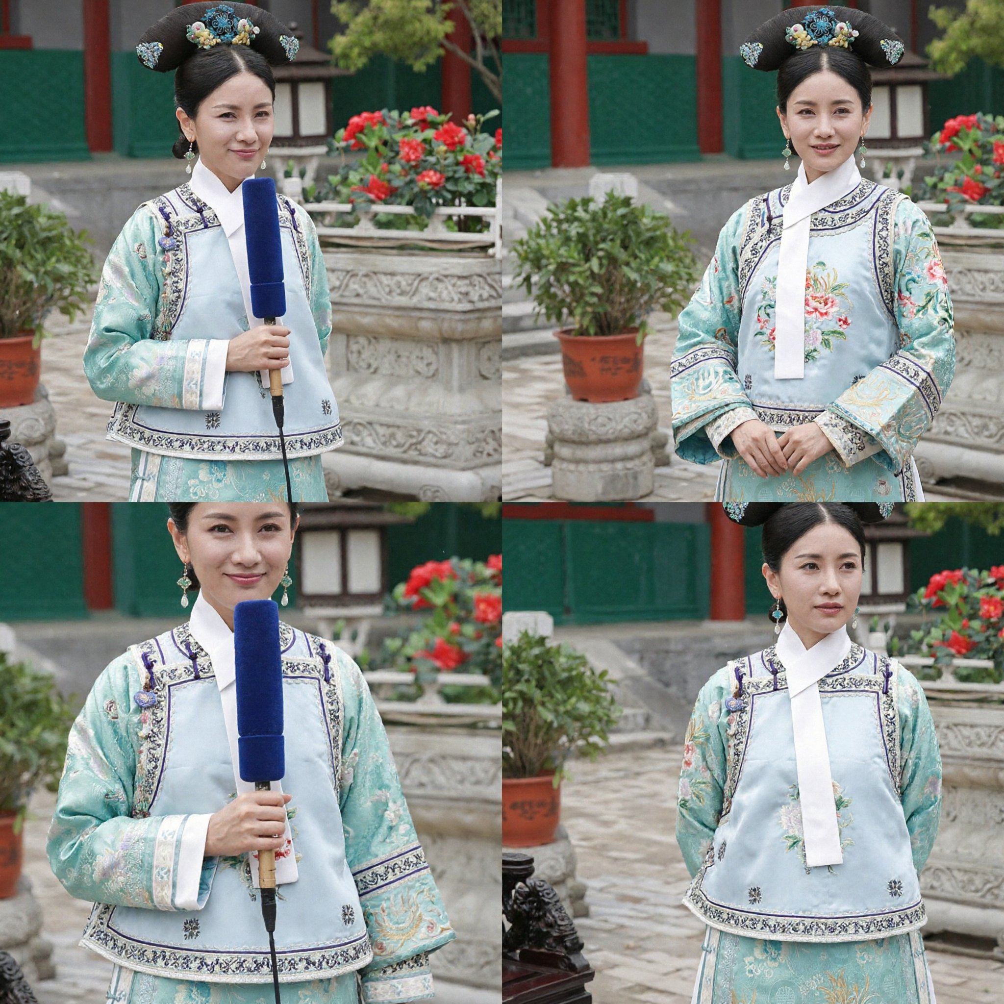 Traditional Chinese Qing Dynasty Manchu Princess Costume Embroidered Mint Green Robe with Headpiece for Women - Asian Costume