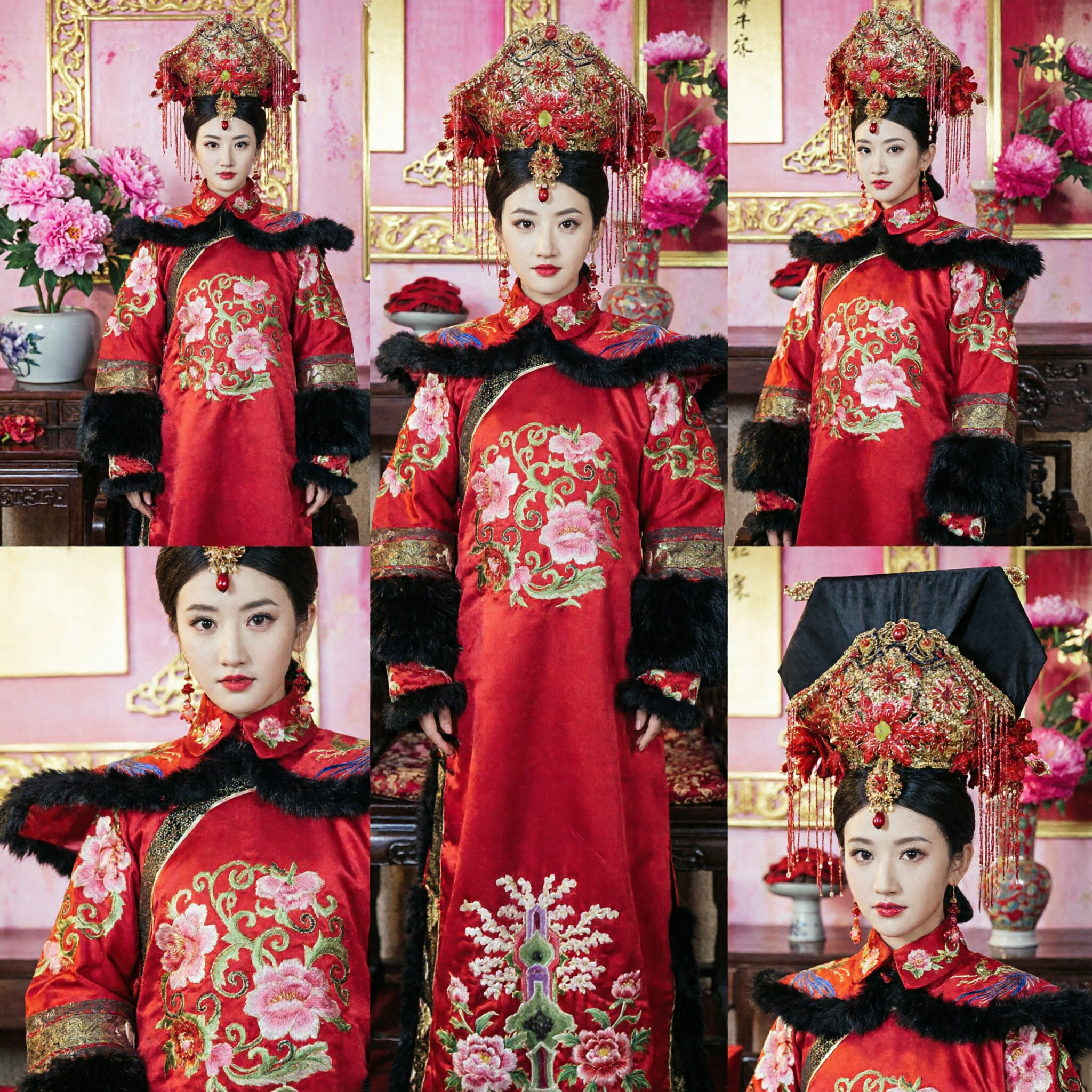 زي الإمبراطورة من عصر أسرة تشينغ الصينية القديمة - الرداء الأحمر مع الزخرفة الفروية وإكليل الرأس للسيدات للكوزبلاي والعروض - Asian Costume