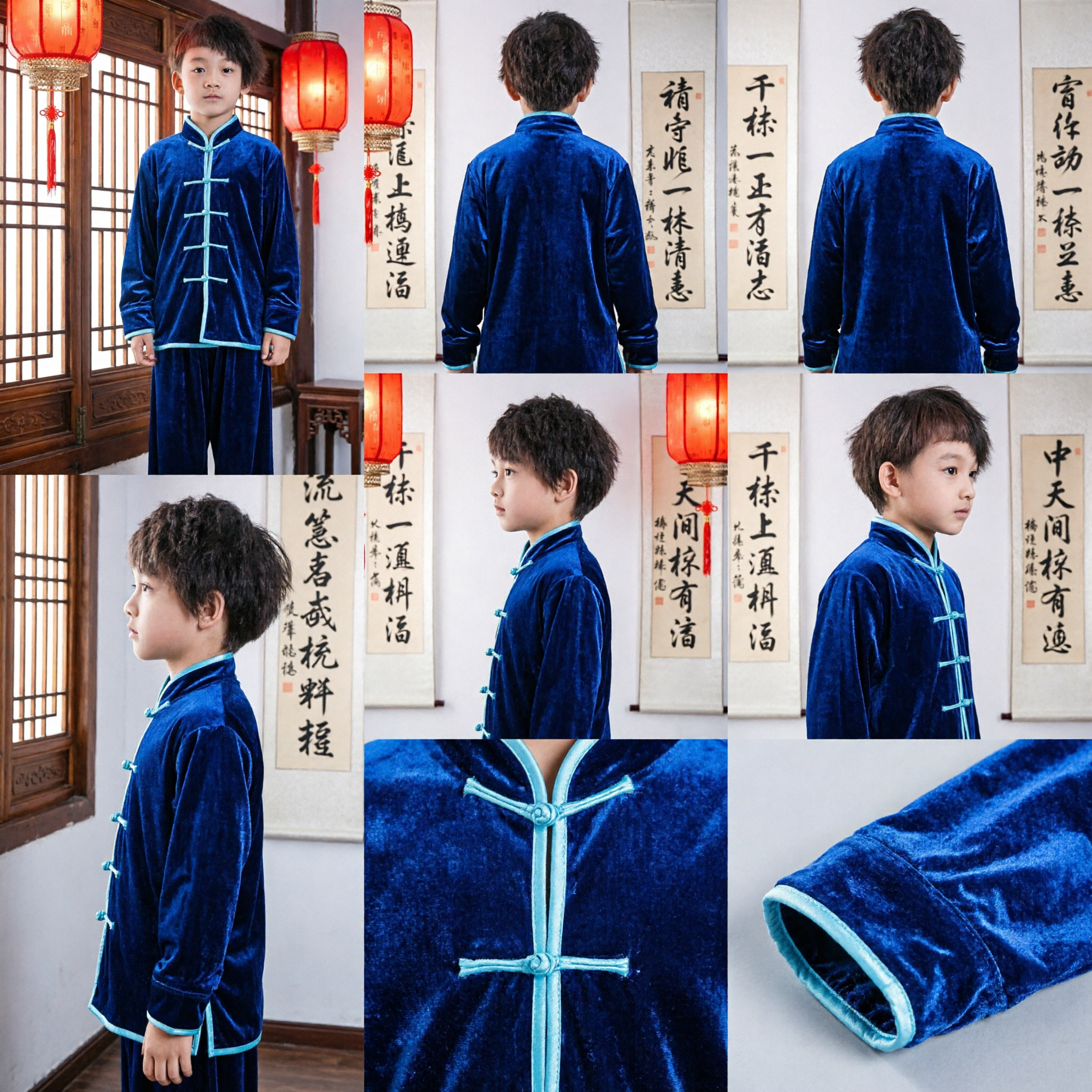 Uniforme de Kung Fu en velours bleu pour enfants, costume traditionnel chinois d'arts martiaux Tai Chi pour garçons pour spectacle - Asian Costume