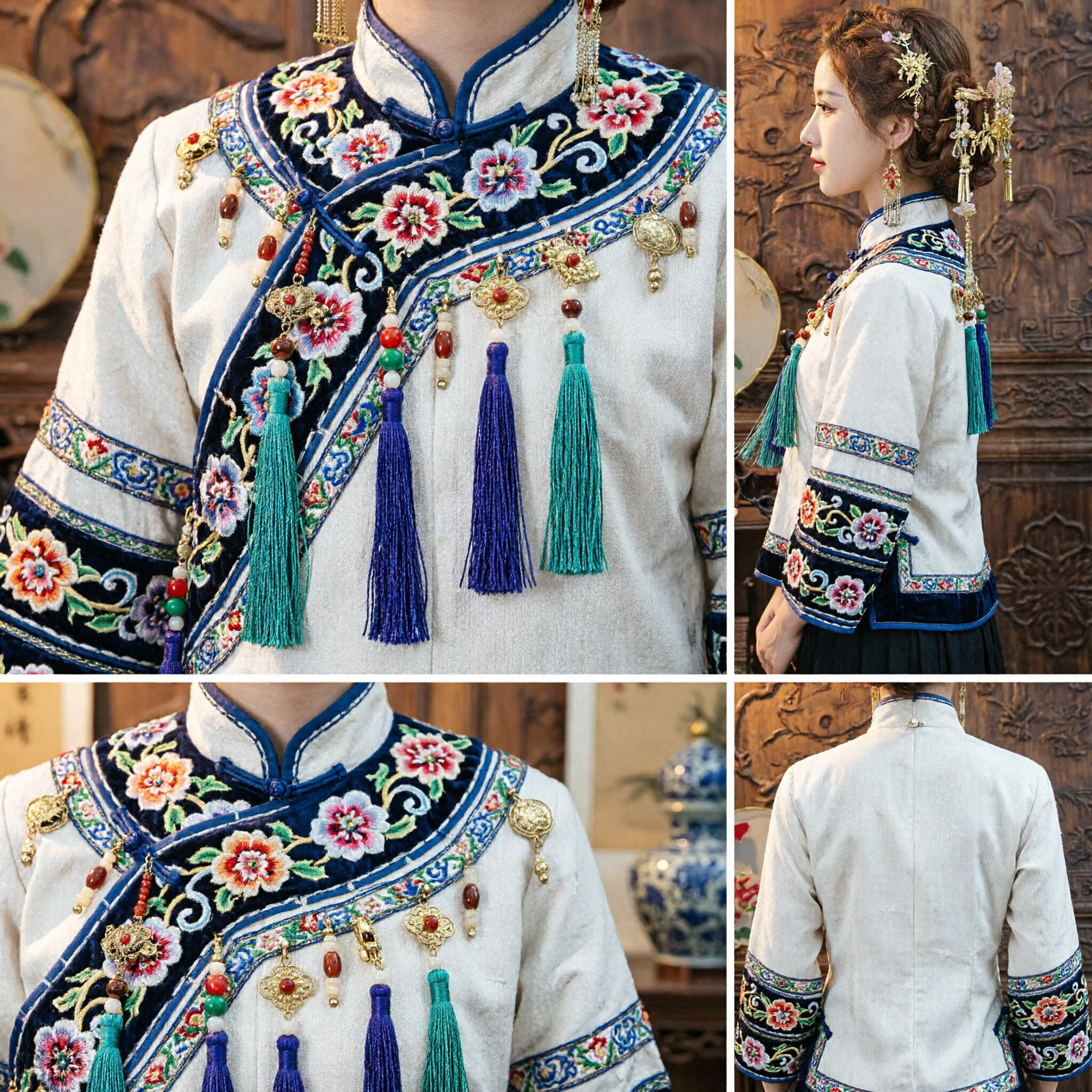 مجموعة إكسسوارات شعر الهانفو التقليدية الصينية - دبابيس ومشط ذهبية زهرية لعرائس الزفاف على الطراز القديم - Asian Costume