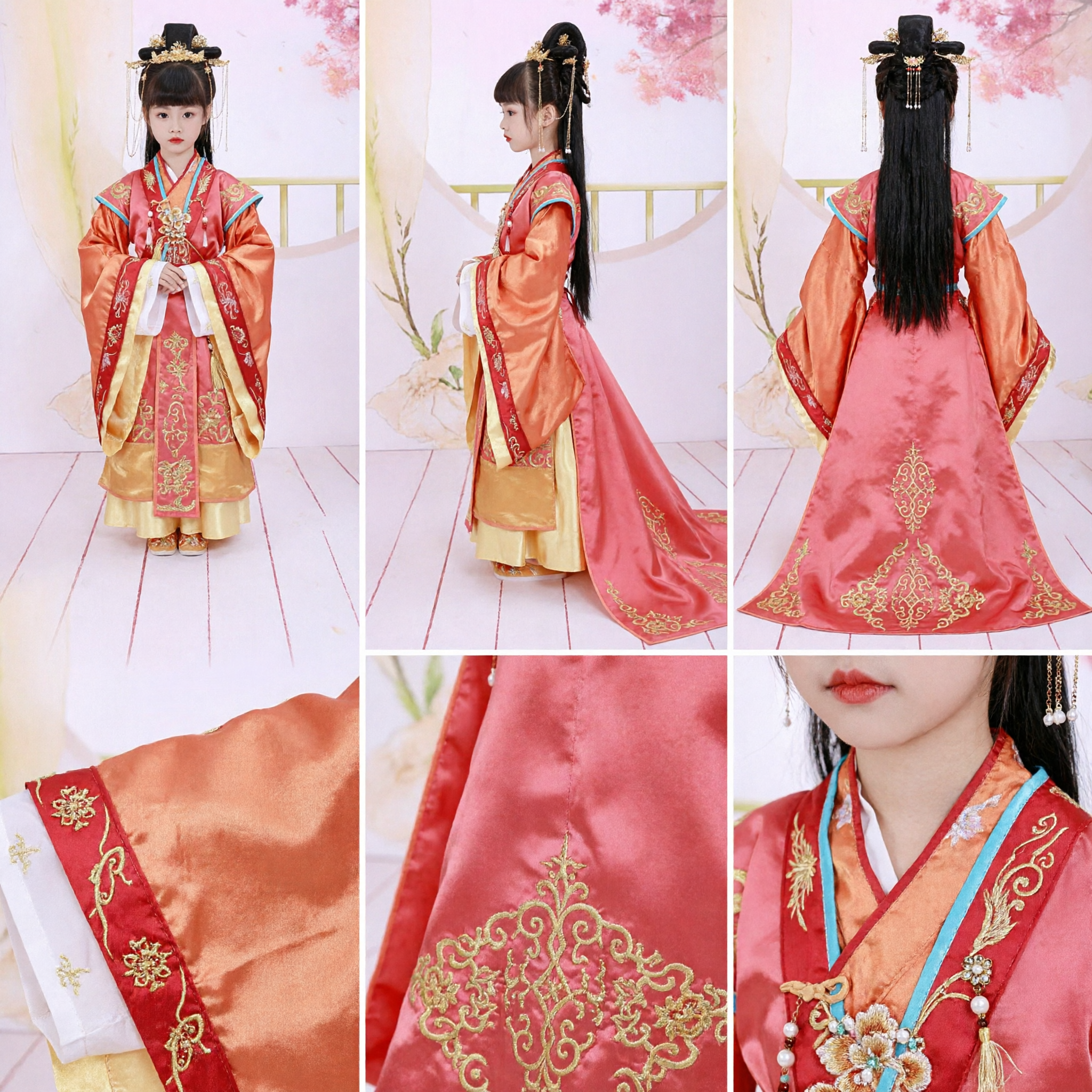 Traje Tradicional Chinês Hanfu para Meninas, Vestido de Princesa Antigo no Estilo da Dinastia Tang Laranja e Bordado - Asian Costume