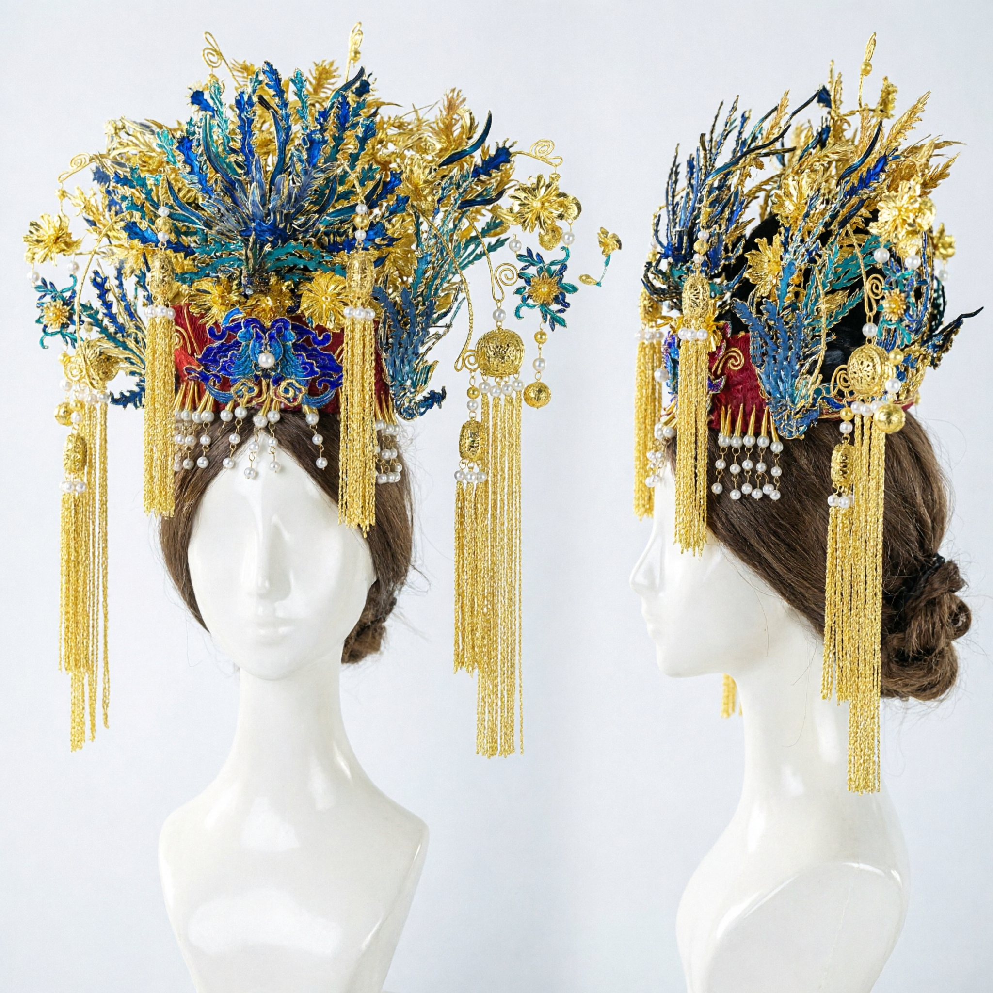 Traditionelle chinesische Hochzeits-Phönix-Krone, blaue goldene Feder-Kopfschmuck für Braut, Hanfu-Peking-Oper-Kostüm - Asian Costume