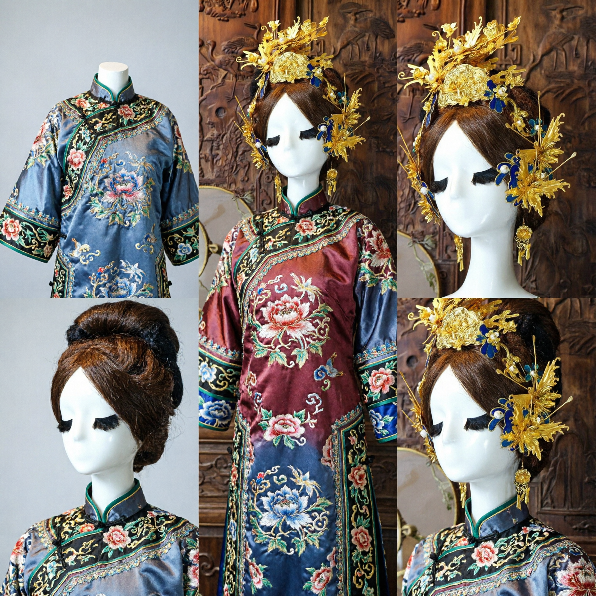 Traditionelle chinesische goldene Phönix-Krone-Haaraccessoires mit blauem Emaille und Perlen für Hanfu-Hochzeitsbraut - Asian Costume