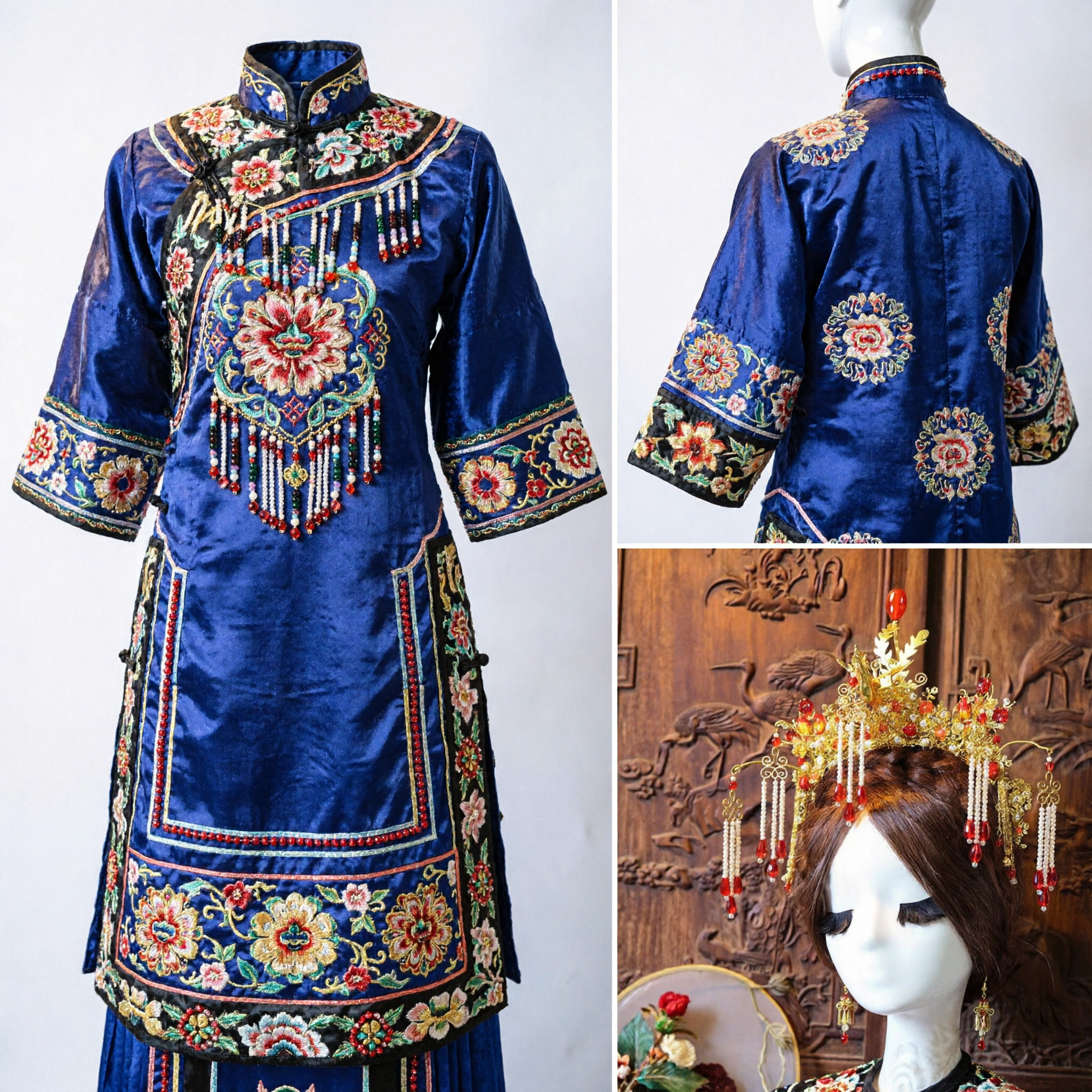 Traditional Chinese Phoenix Crown Hair Accessory Ancient Hanfu Wedding Headpiece with Gold Filigree and Red Beads - Asian Costume