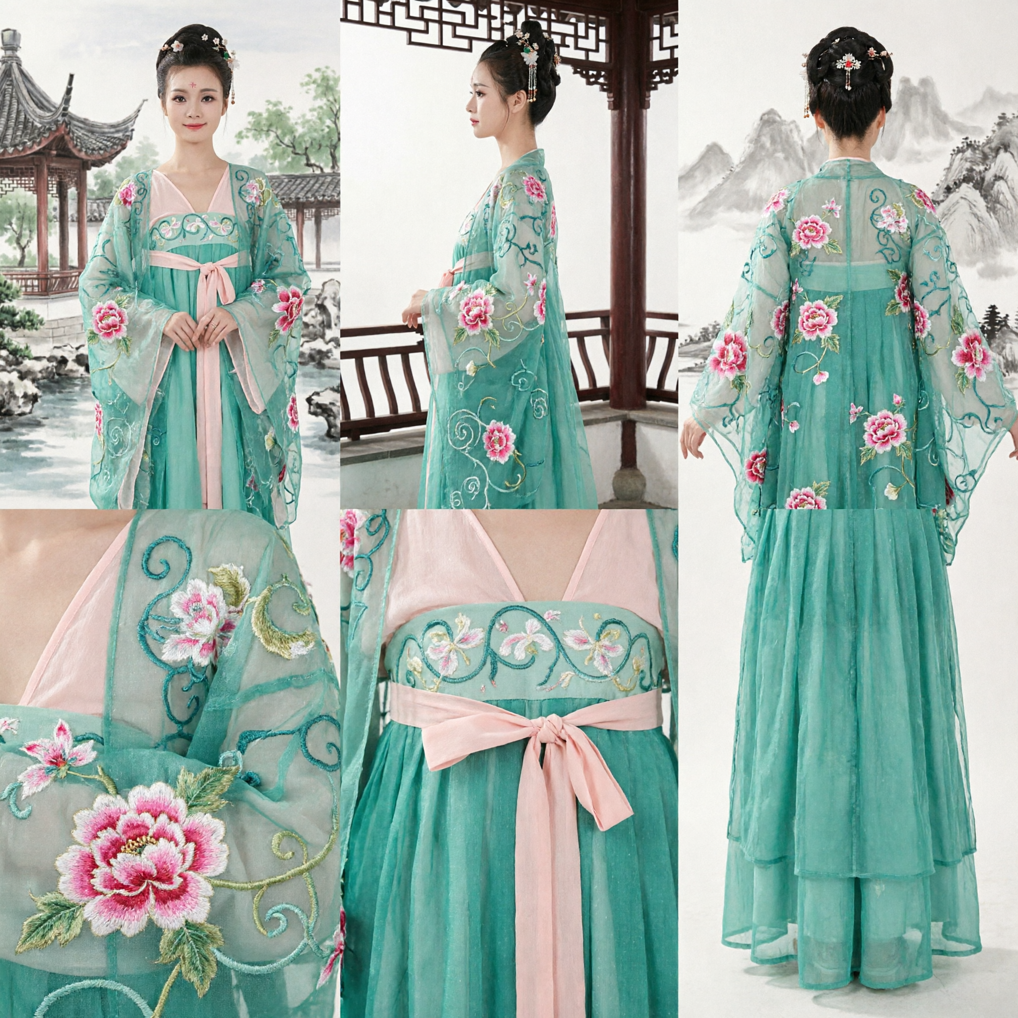 Antikes chinesisches grünes Hanfu-Kleid, Tang-Dynastie-Palastdame-Kostüm, bestickte traditionelle Kleidung für Frauen-Auftritte - Asian Costume