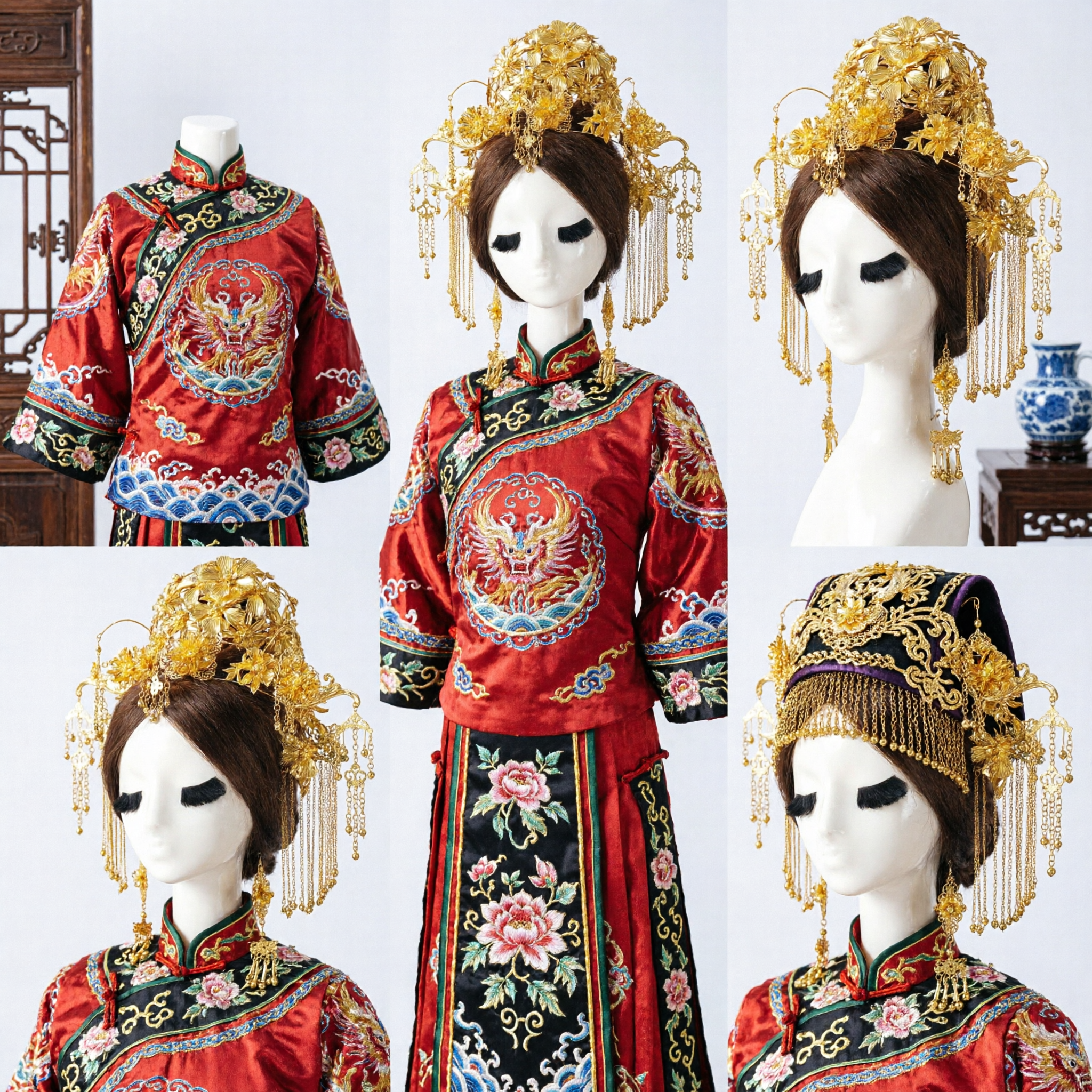 Acessórios de Cabelo de Coroa de Fênix Dourada Chinesa Tradicional, Adereço de Cabeça para Noiva Hanfu de Casamento Antigo com Franjas - Asian Costume