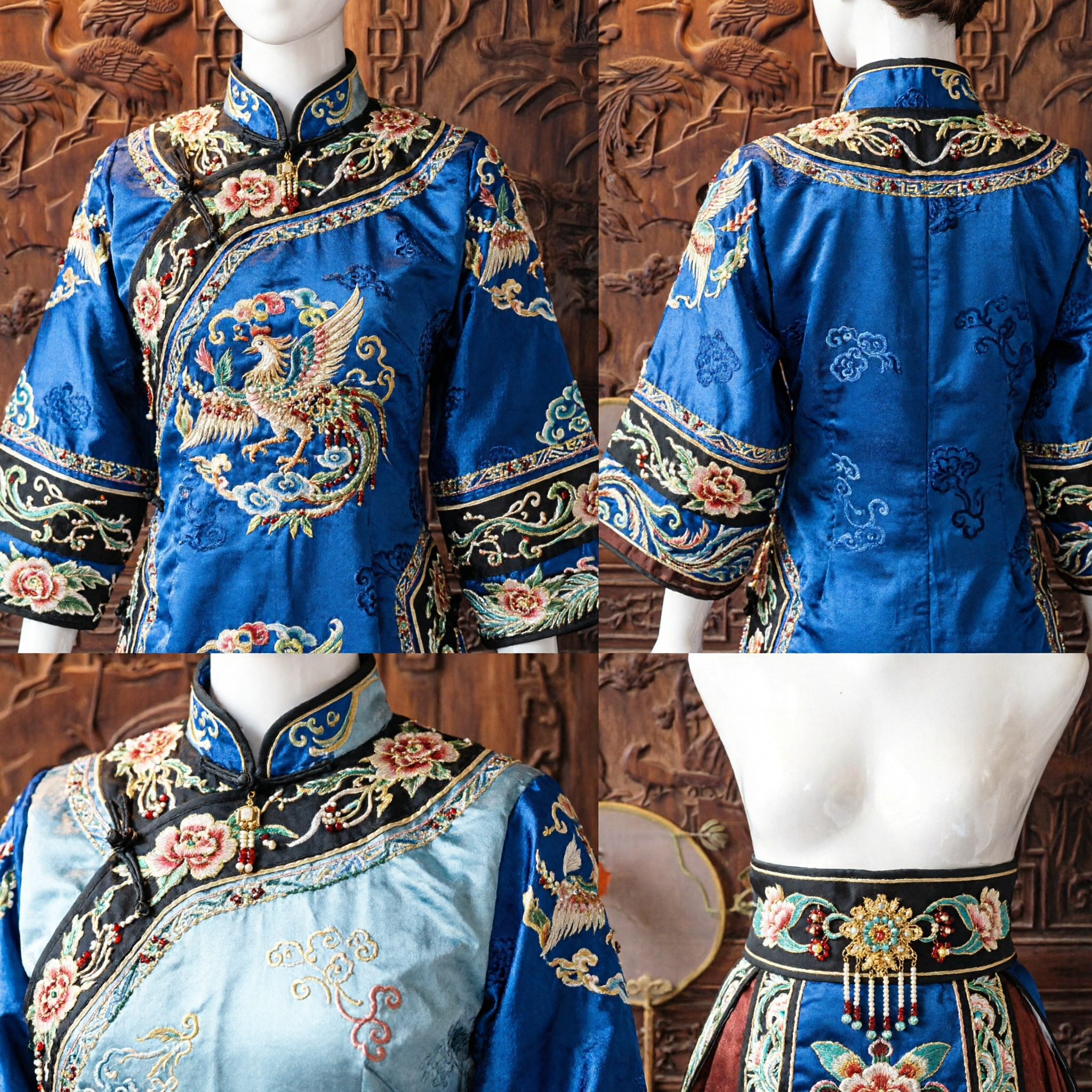 Accessoires capillaires Hanfu anciens chinois, ensemble couronne phénix traditionnelle pour mariée, doré et floral bleu - Asian Costume