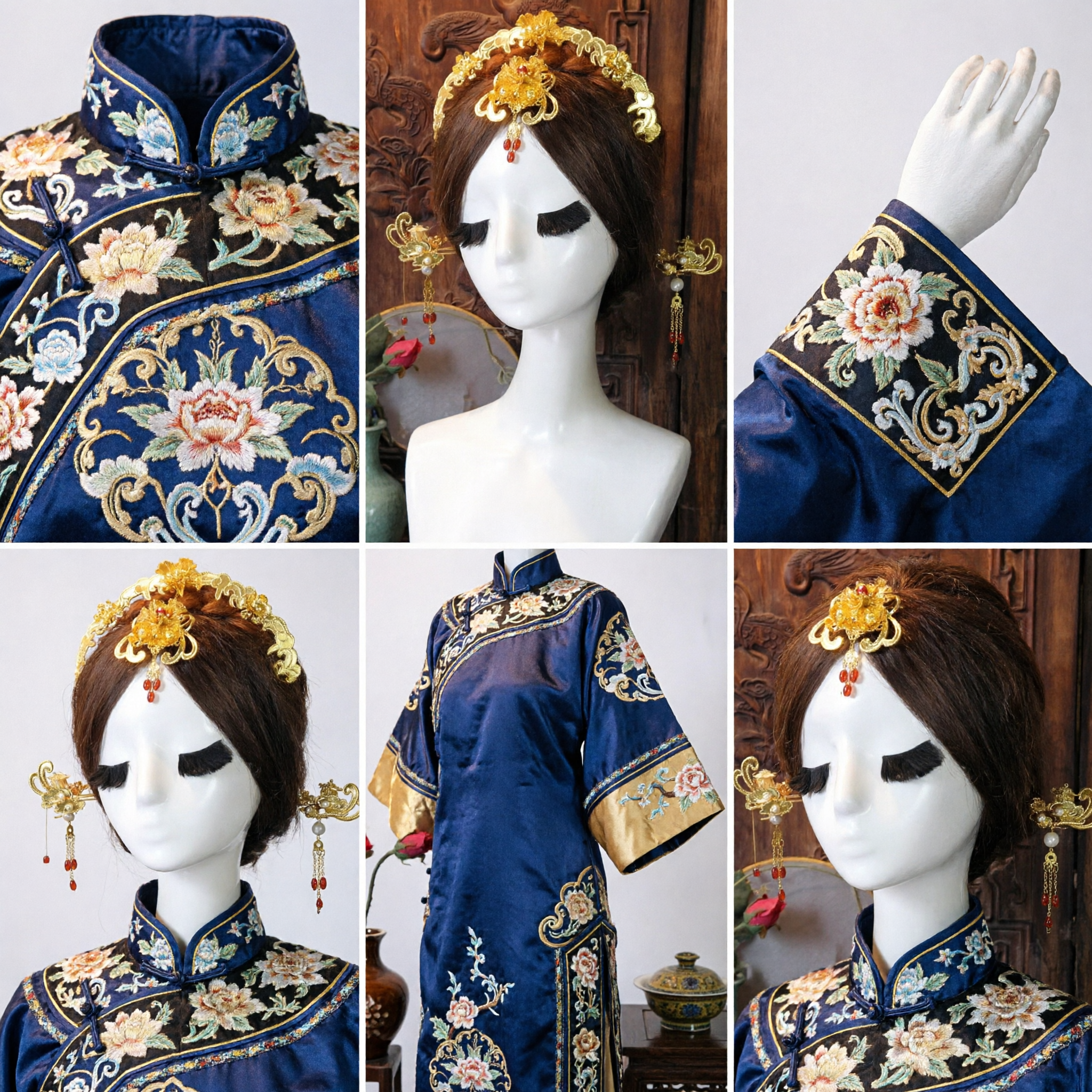 전통 중국식 금색 꽃 장식 관과 봉황 머리핀 세트 한푸 머리장신구 웨딩 신부 코스프레 - Asian Costume