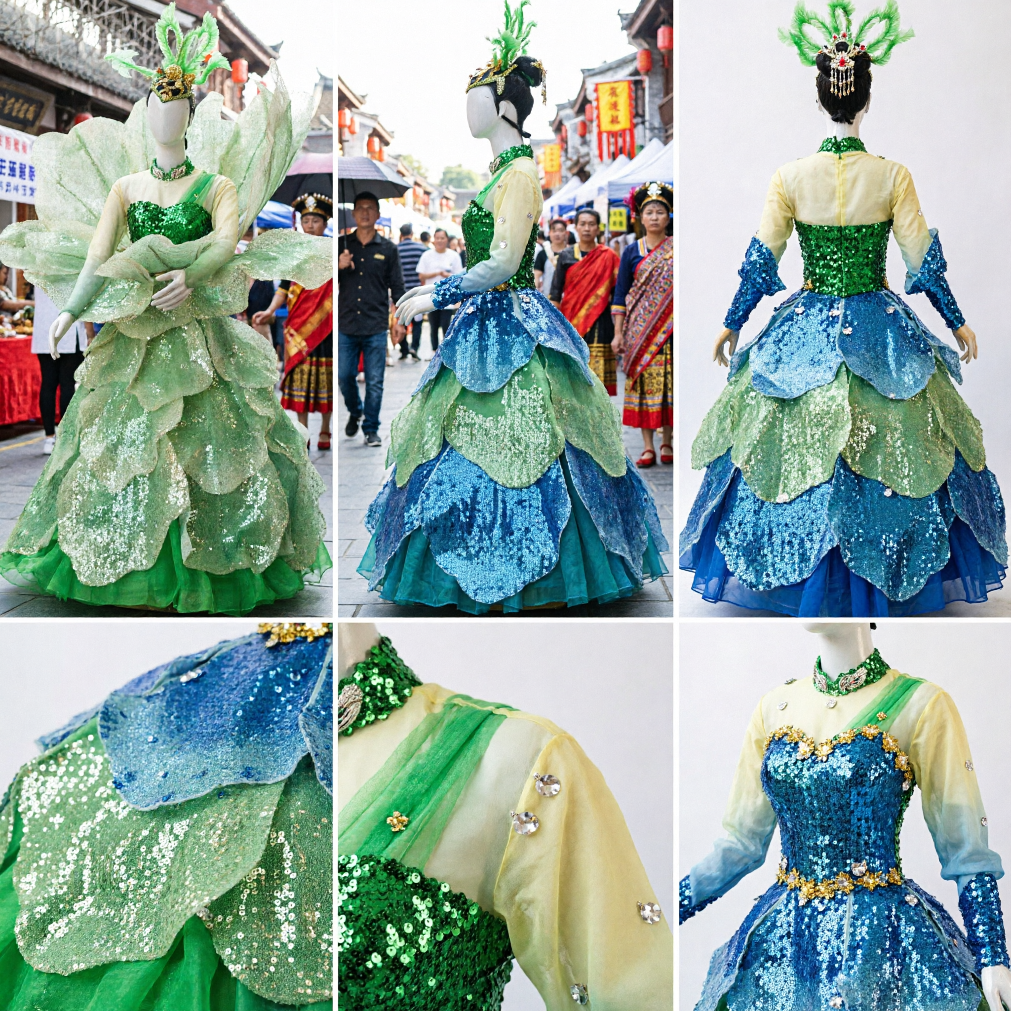 Costume da Fata dei Fiori Verde per Donne, Abito Elaborato con Paillettes per Performance sul Palco e Sfilate - Asian Costume