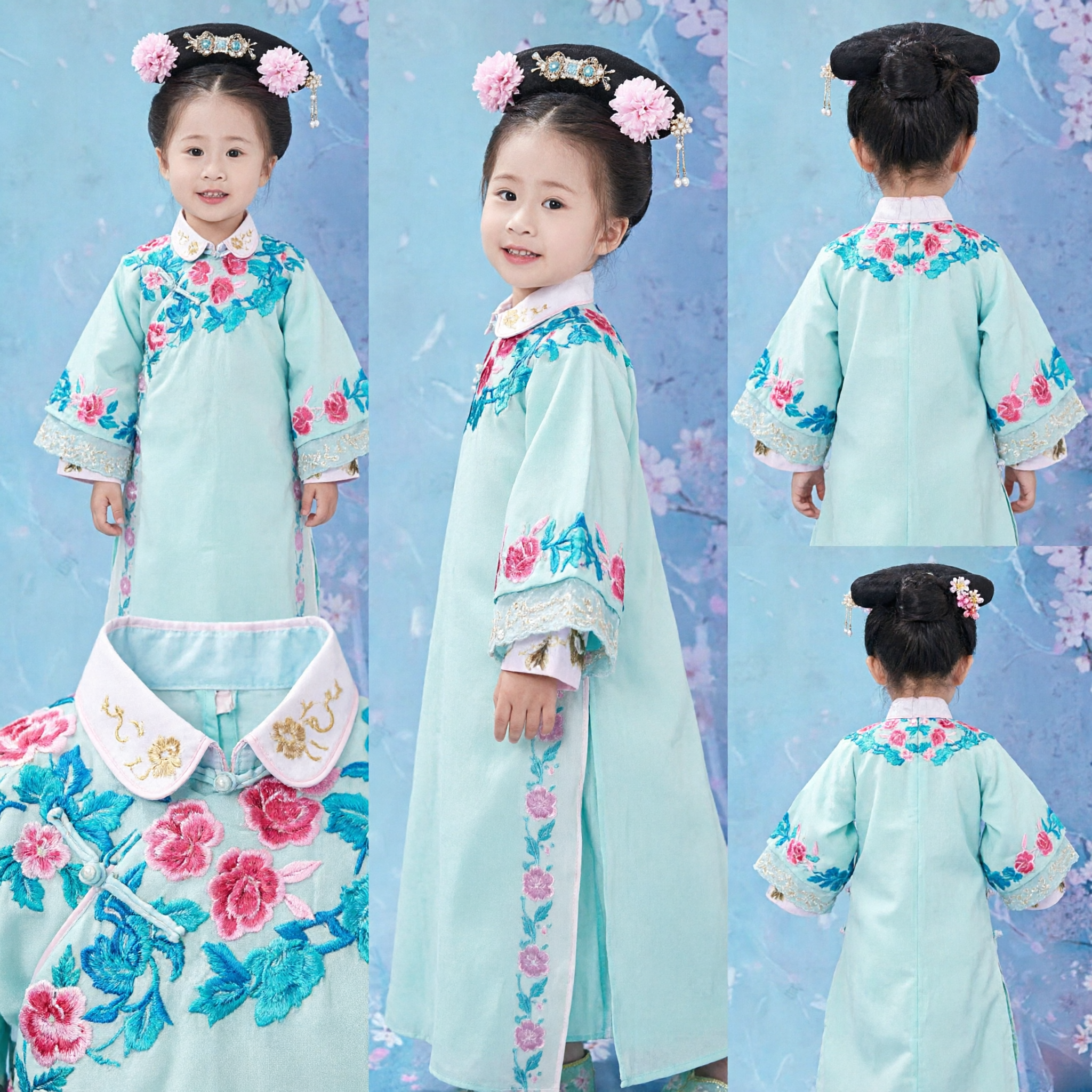 Chinesisches traditionelles Qing-Dynastie-Manchu-Prinzessinnenkleid für Kinder Mädchen besticktes Kostüm Aufführung - Asian Costume