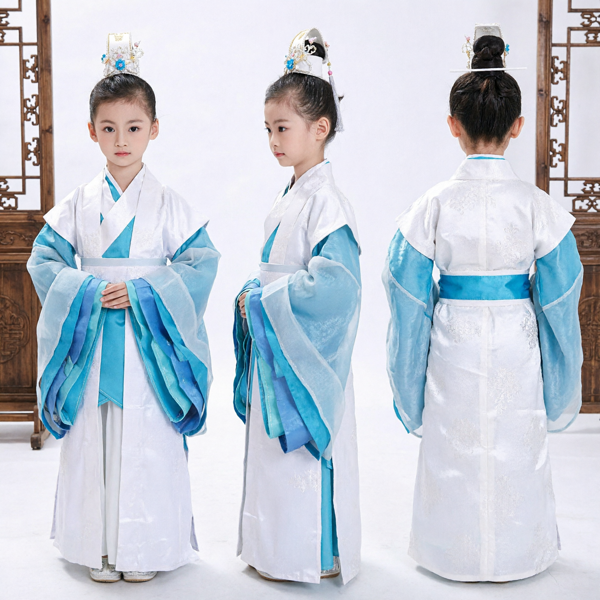 Traje Hanfu de Joven Señor Antiguo Chino para Niños Túnica de Erudito Tradicional Azul y Blanco para Actuaciones - Asian Costume