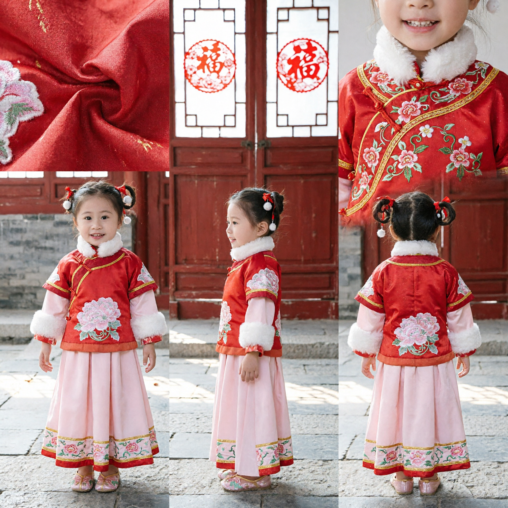 Conjunto Tradicional Chinês Hanfu de Inverno para Meninas, Casaco Tang com Ajuste de Pele Vermelho e Saia Rosa para Ano Novo Lunar - Asian Costume