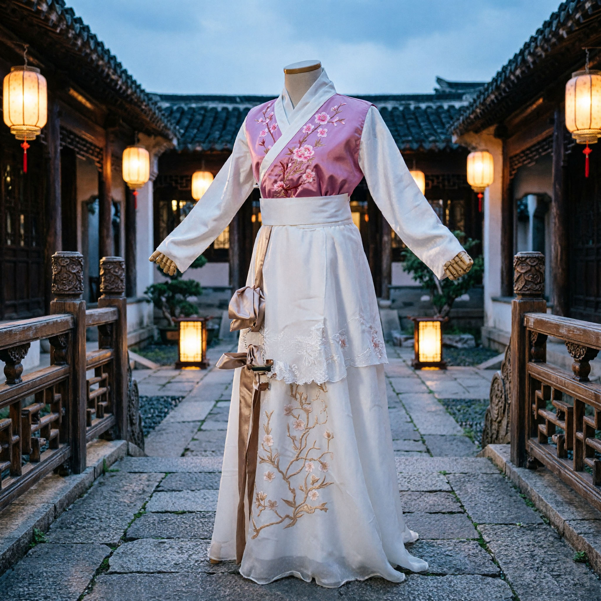 Tradycyjna koreańska suknia Hanbok dla kobiet Różowy kwiecisty kamizelka Biała spódnica Kostium historyczny do cosplayu - Asian Costume