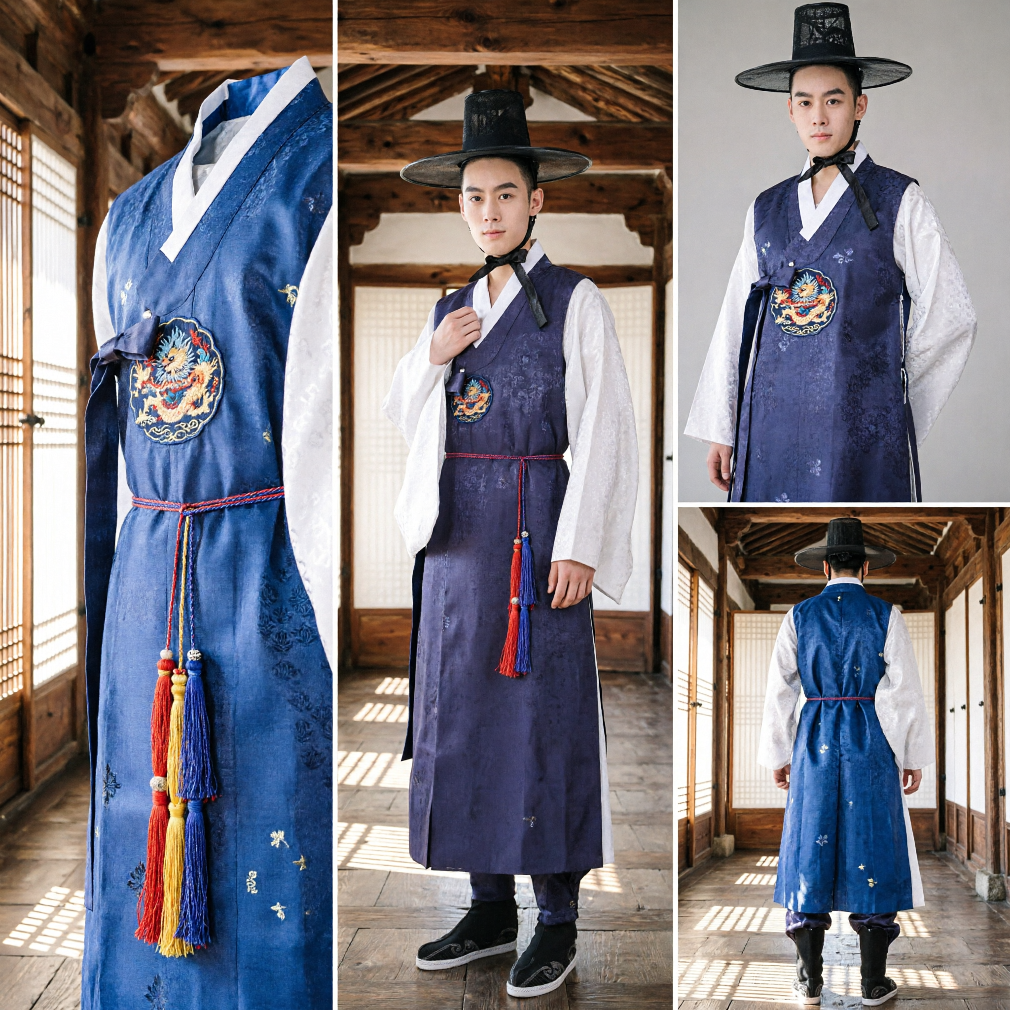 Traditioneller koreanischer Hanbok Herren blauer ärmelloser Robe und Gat-Hut-Set für Hochzeitsaufführung - Asian Costume