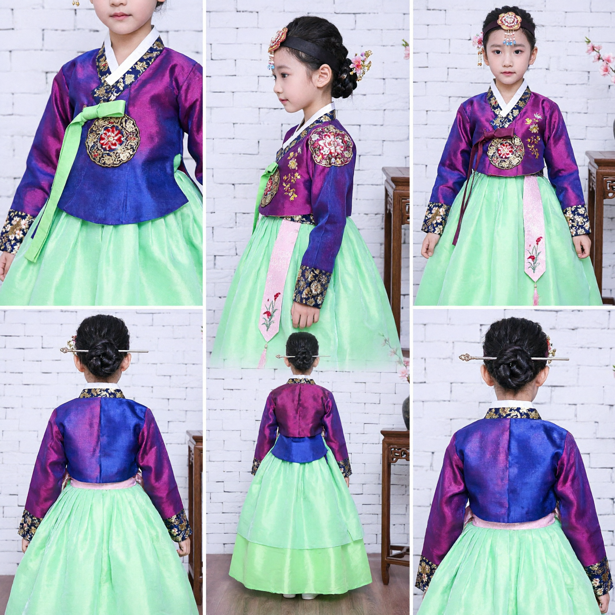 Girls Traditional Korean Hanbok Set Purple Floral Top Green Skirt Kids Costume for Festival Wedding - Asian Costume