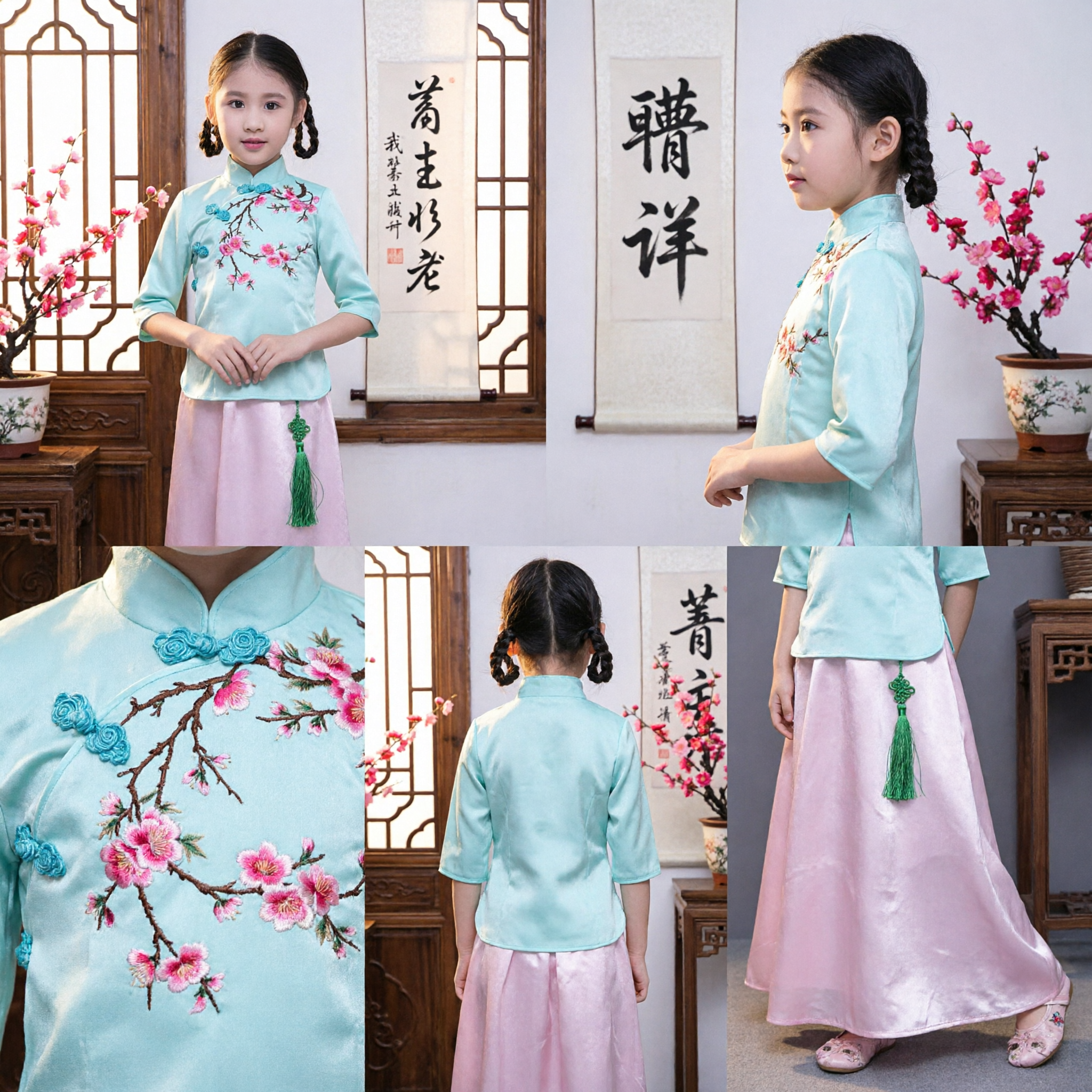 Vestuário Tradicional Chinês para Meninas Hanfu Infantil Conjunto de Blusa Bordada Floral e Saia Rosa para Festivais - Asian Costume