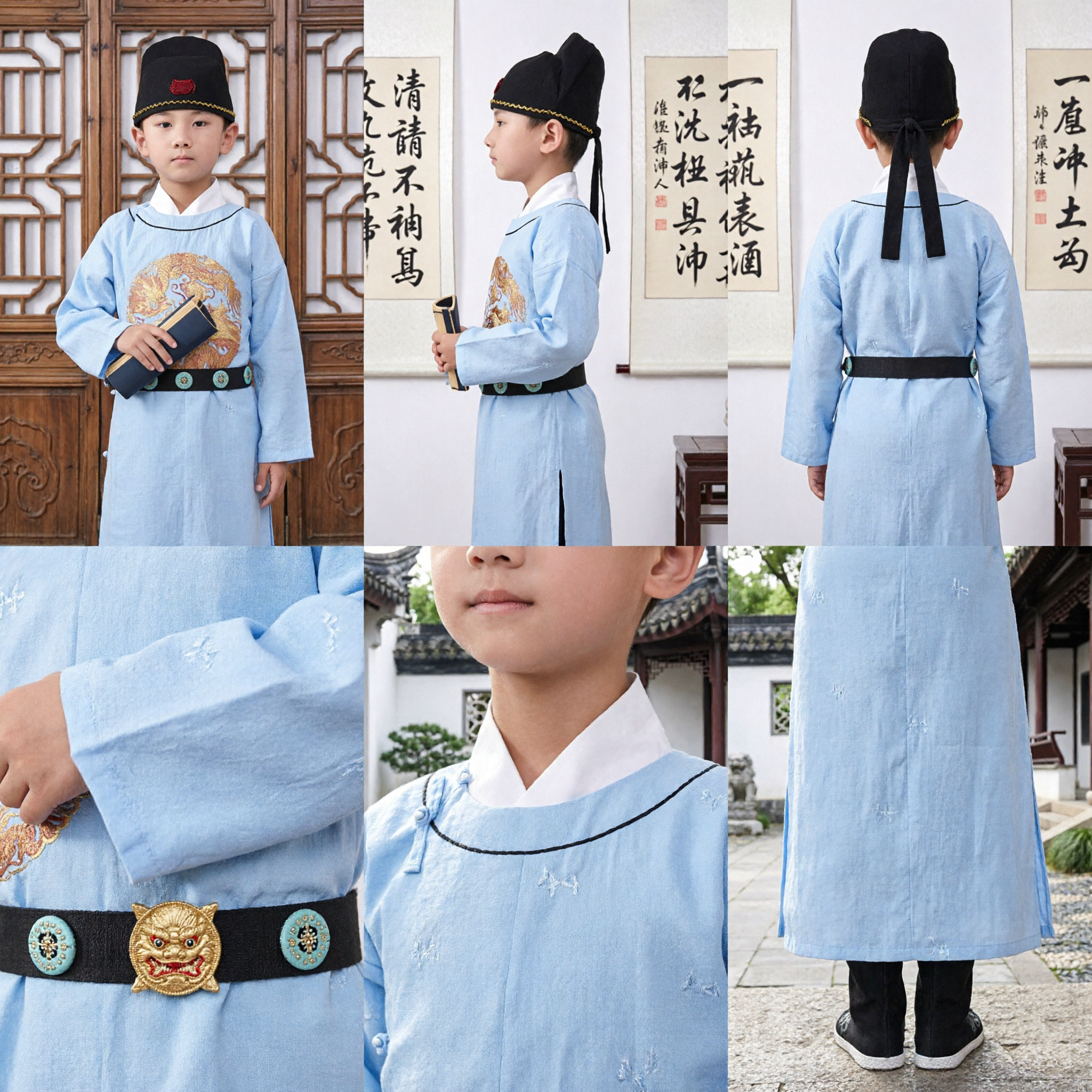 Túnica Oficial da Dinastia Ming Tradicional Chinesa para Meninos Traje Hanfu Azul Claro para Performance - Asian Costume