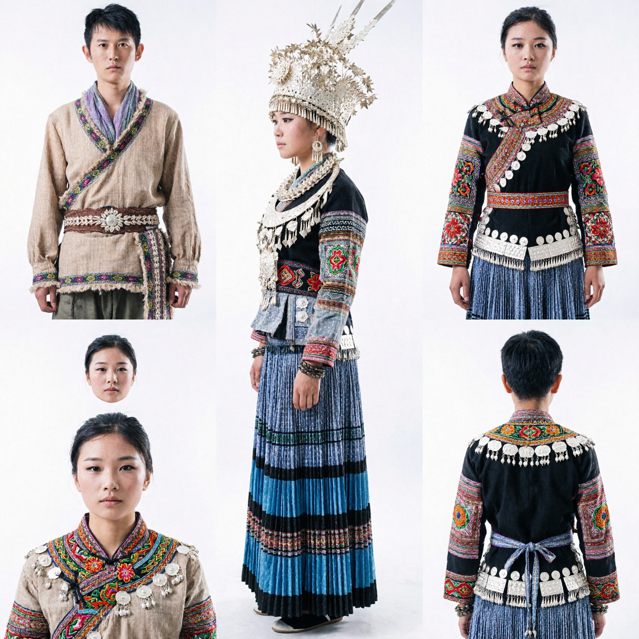 Costume di Coppia dell'Etnia Miao Cinese Tradizionale con Copricapo in Argento per Danza e Fotografia - Asian Costume