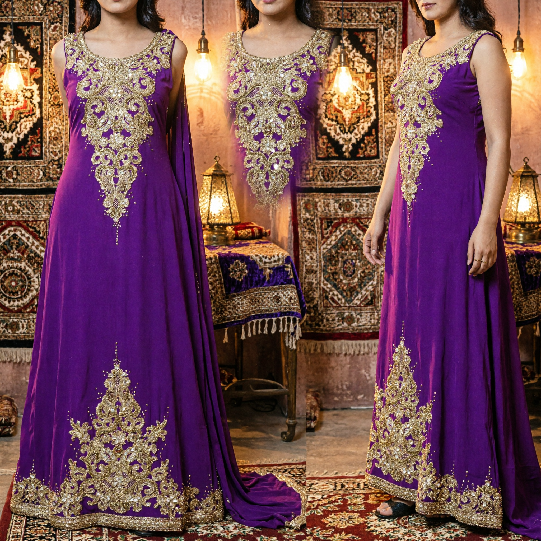Elegant Purple Long Kaftan Dress with Gold Beaded Embroidery for Women's Evening Party Wear - Asian Costume