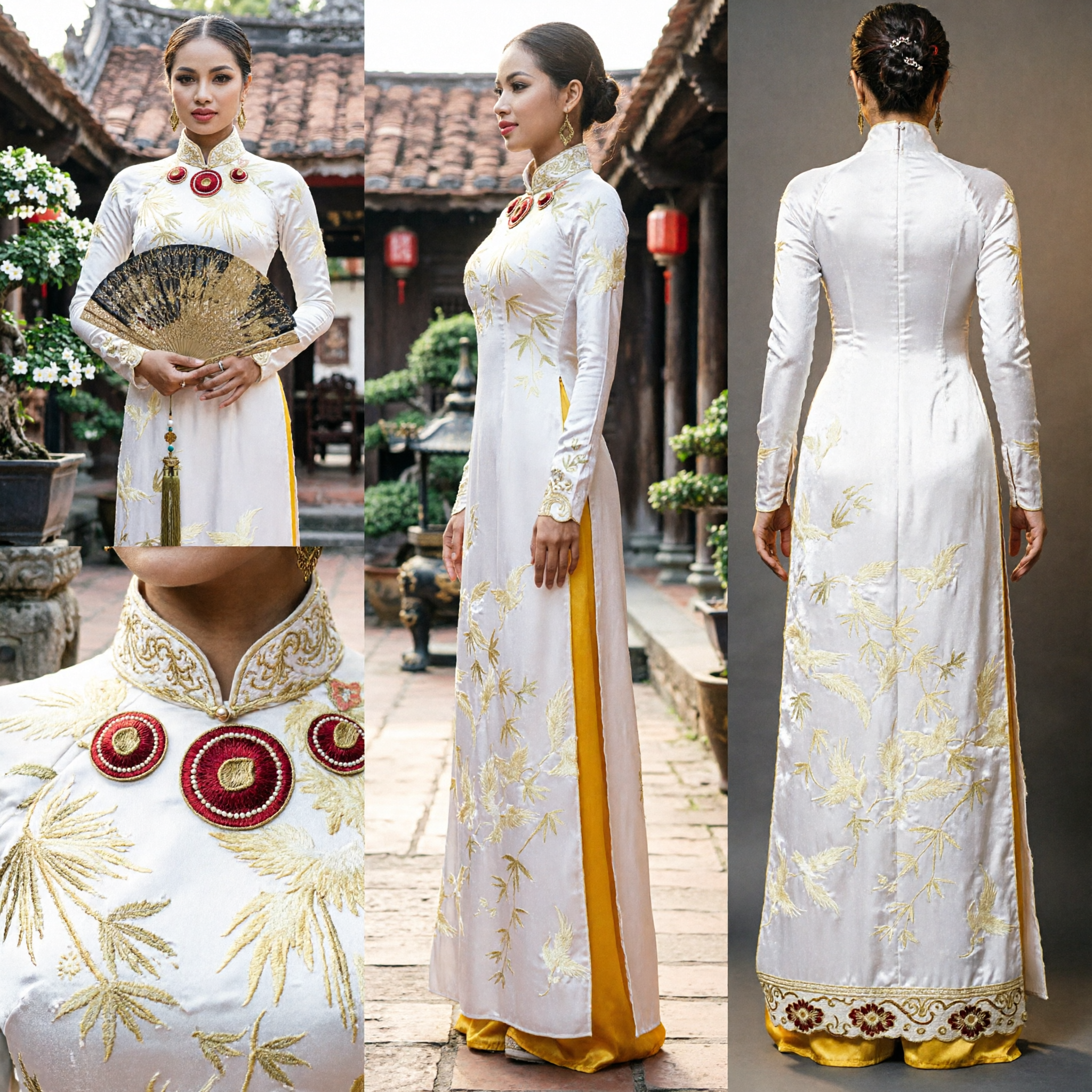 Elegantes weißes vietnamesisches Áo Dài traditionelles Kleid mit Goldstickerei für Damen Hochzeit und Auftritte - Asian Costume