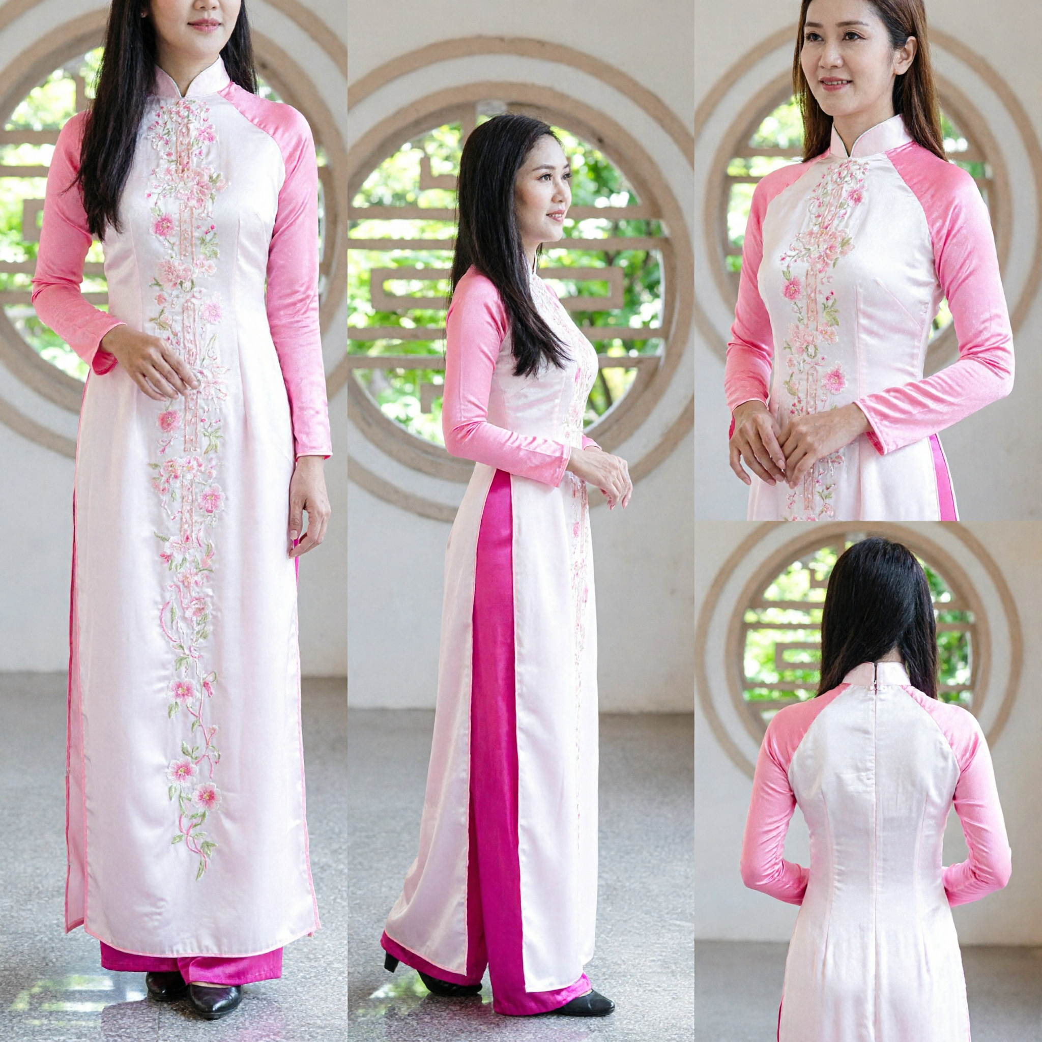 Elegantes traditionelles vietnamesisches Áo Dài Kleid für Damen rosa-weiße Blumenstickerei Hochzeitskostüm - Asian Costume