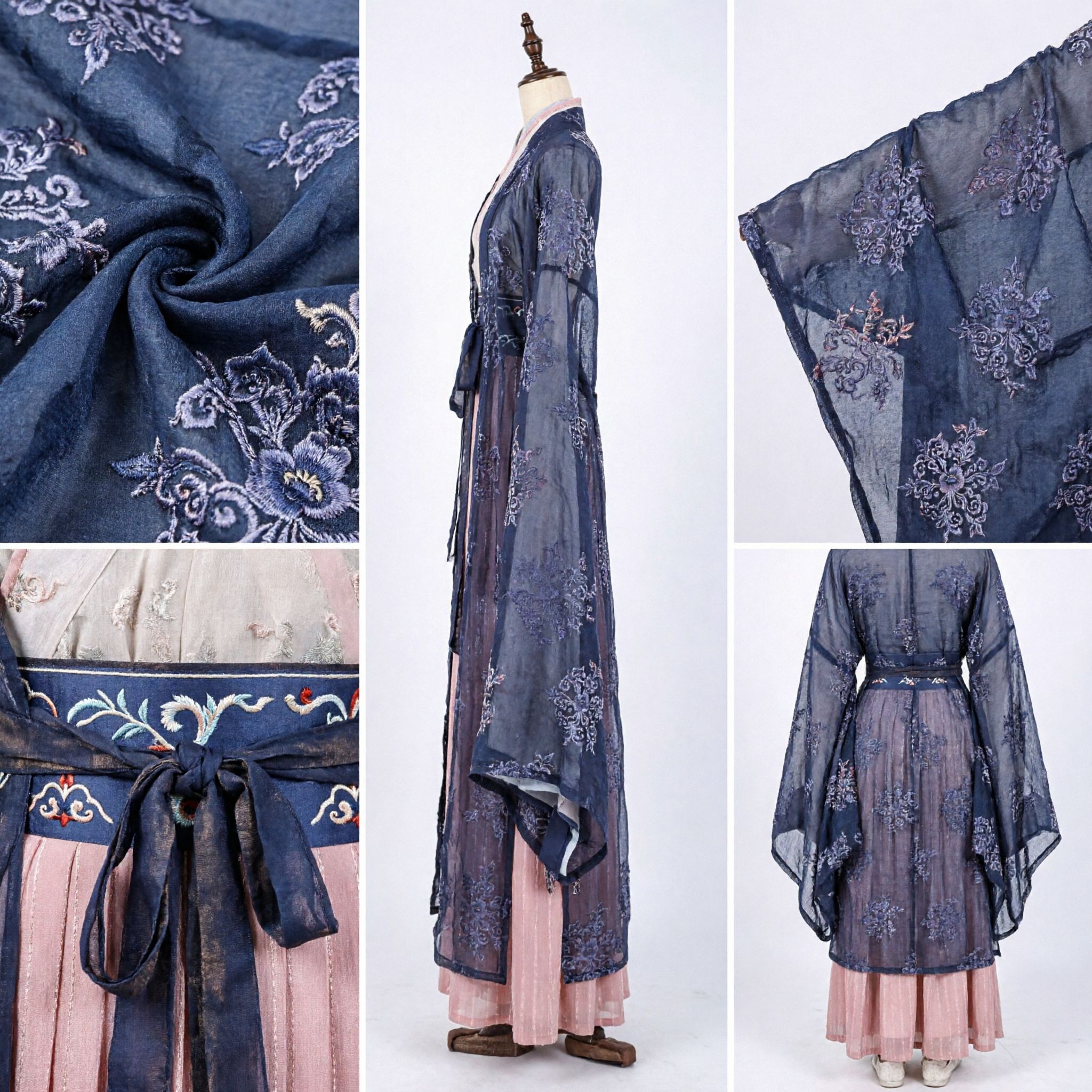 زي هانفو صيني تقليدي للنساء، طقم رداء أزرق شفاف بزهور وتنورة وردية للتنكر القديم - Asian Costume