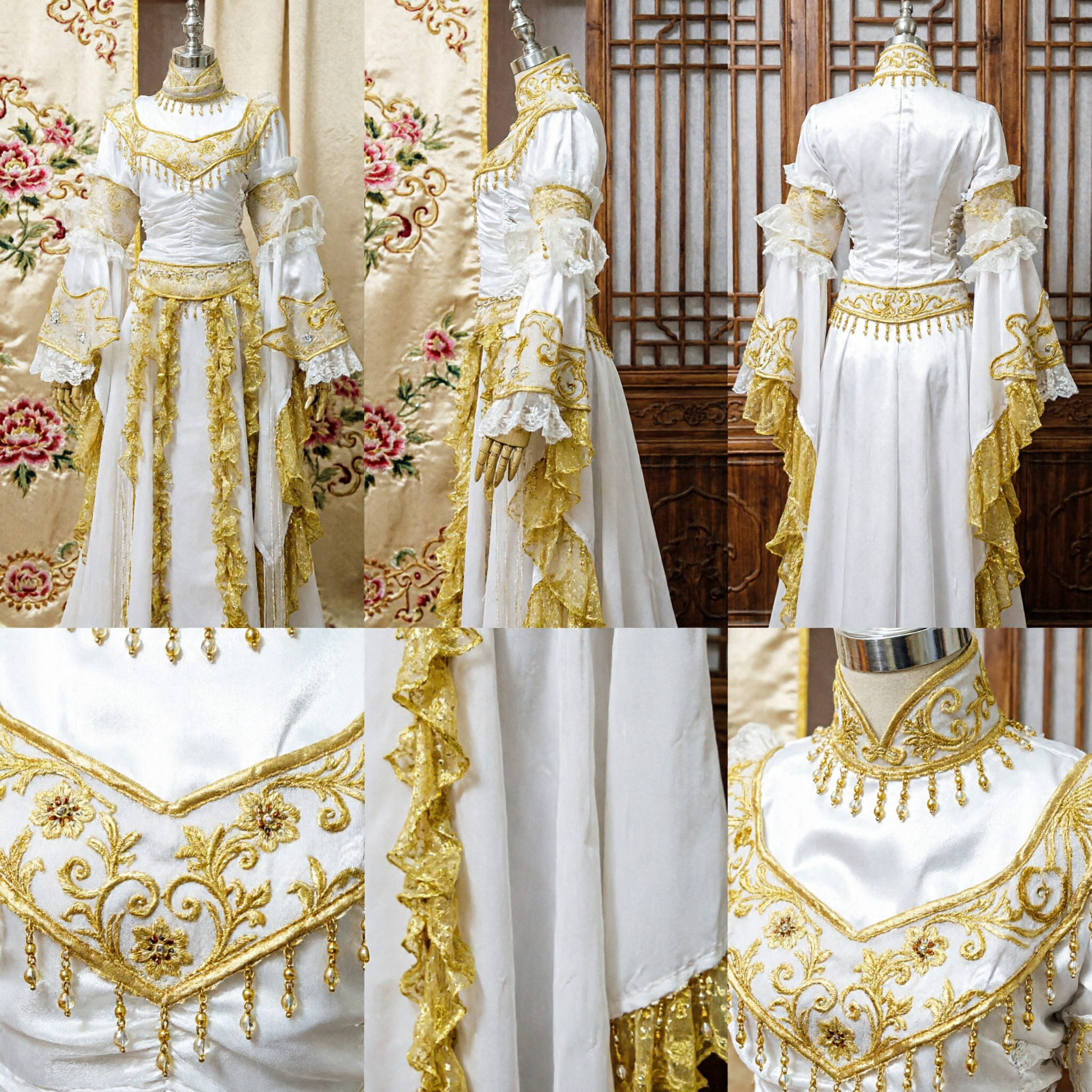 Elegante Costume da Fata Antica Cinese Hanfu Bianco e Oro, Abito Tradizionale per Spettacoli e Cosplay - Asian Costume