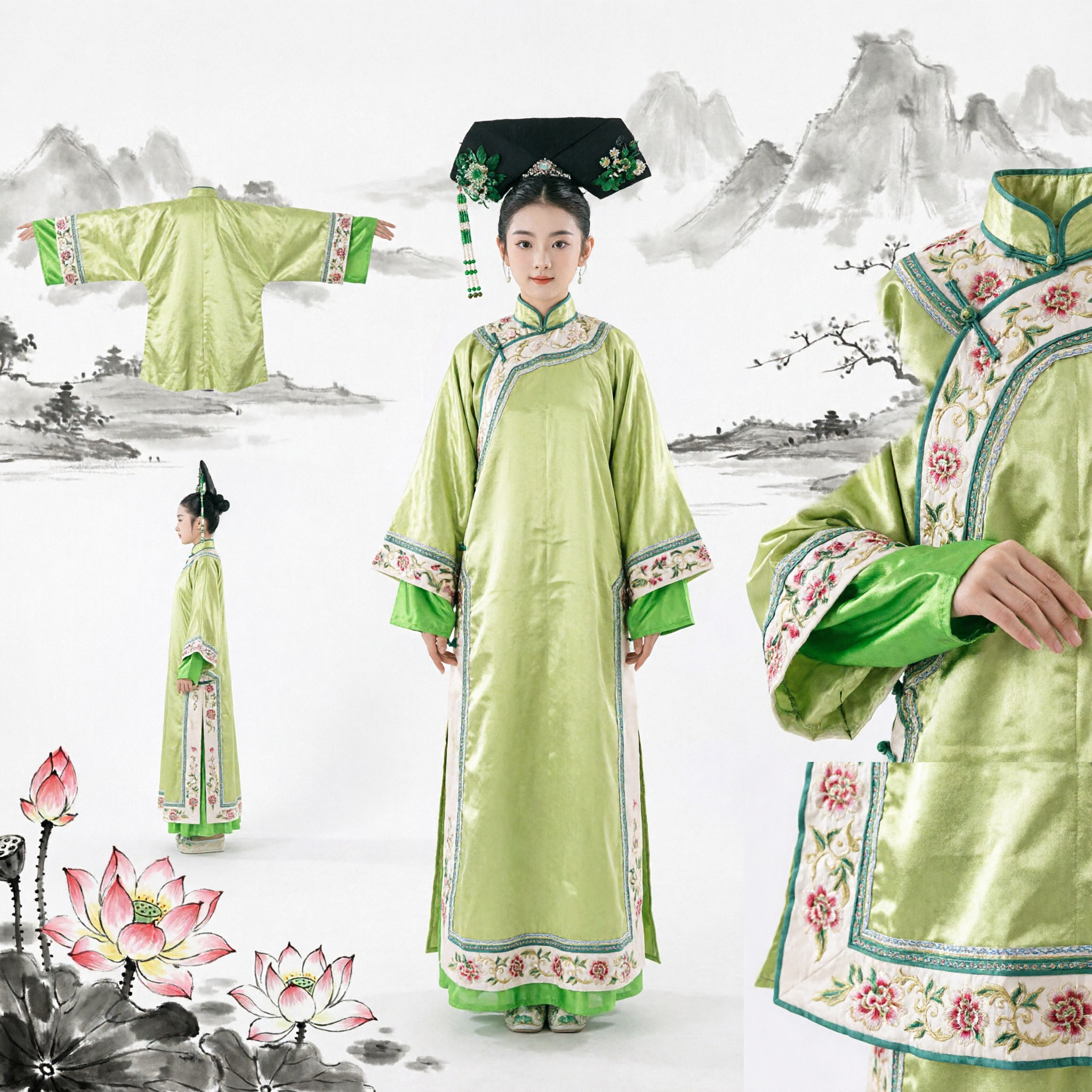 Costume Traditionnel Chinois de la Dynastie Qing Servante du Palais Verte pour Filles Ensemble Complet avec Coiffe pour Pièce de Théâtre - Asian Costume