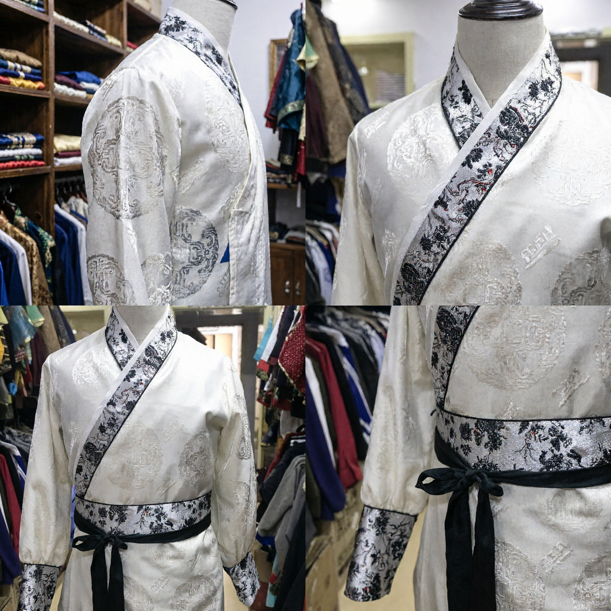 Traje Tradicional Chinês Hanfu Masculino, Túnica Branca Antiga com Gola Cruzada e Detalhes Florais Pretos para Cosplay - Asian Costume