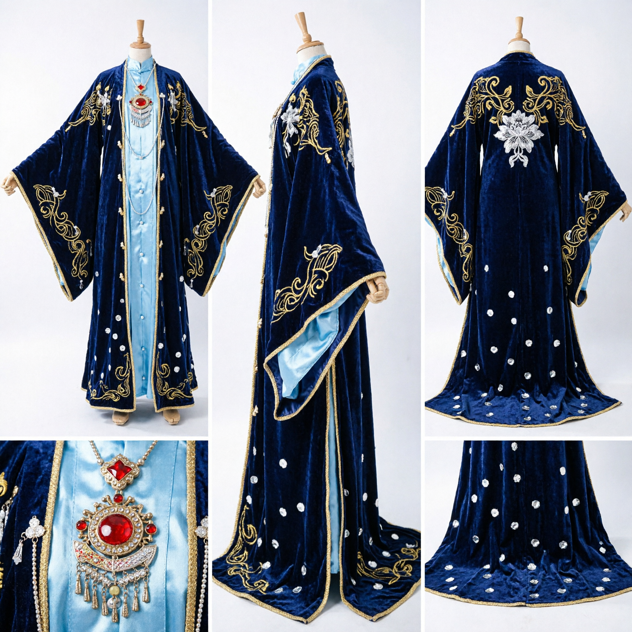 Traditionelles chinesisches Hanfu-Kostüm antikes königliches Prinzessinnen marineblaues Samtgewand mit Goldstickerei für Cosplay - Asian Costume