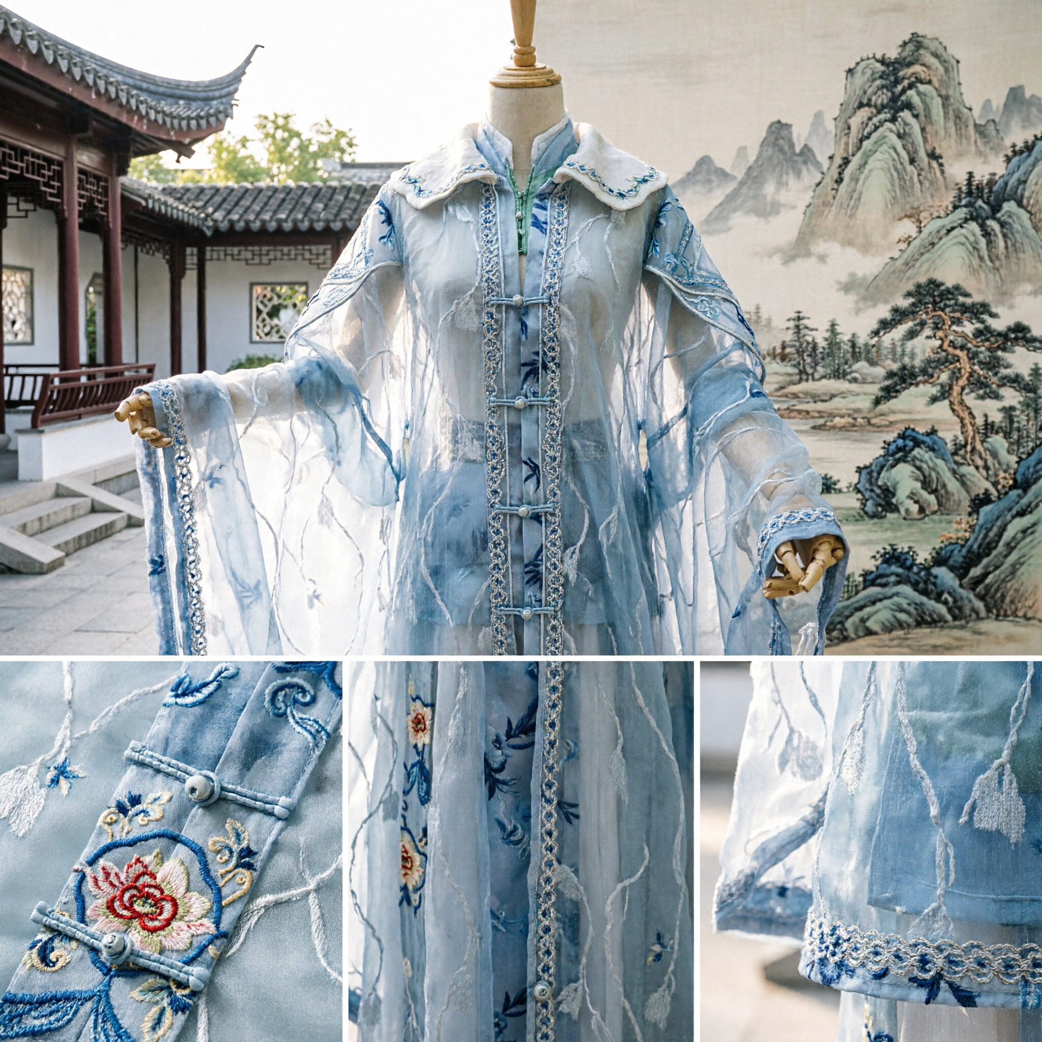 Elegante Túnica Azul y Blanca Hanfu Tradicional China con Mangas Amplias, Traje Antiguo para Hombres en Cosplay Wuxia - Asian Costume