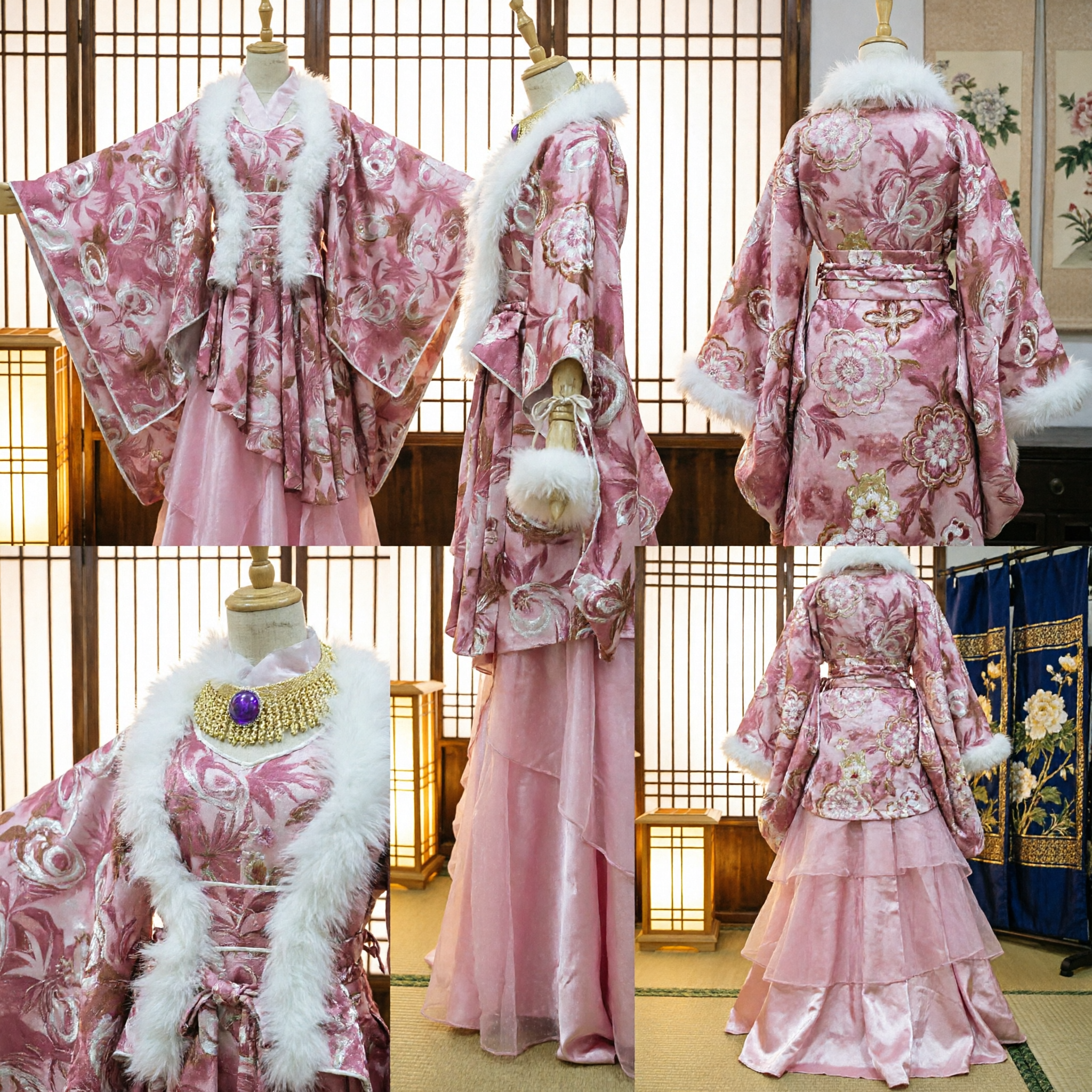 Traje de Princesa Rosa Tradicional China, Estilo Hanfu de la Dinastía Tang con Cuello de Piel Blanca para Espectáculos Escénicos - Asian Costume