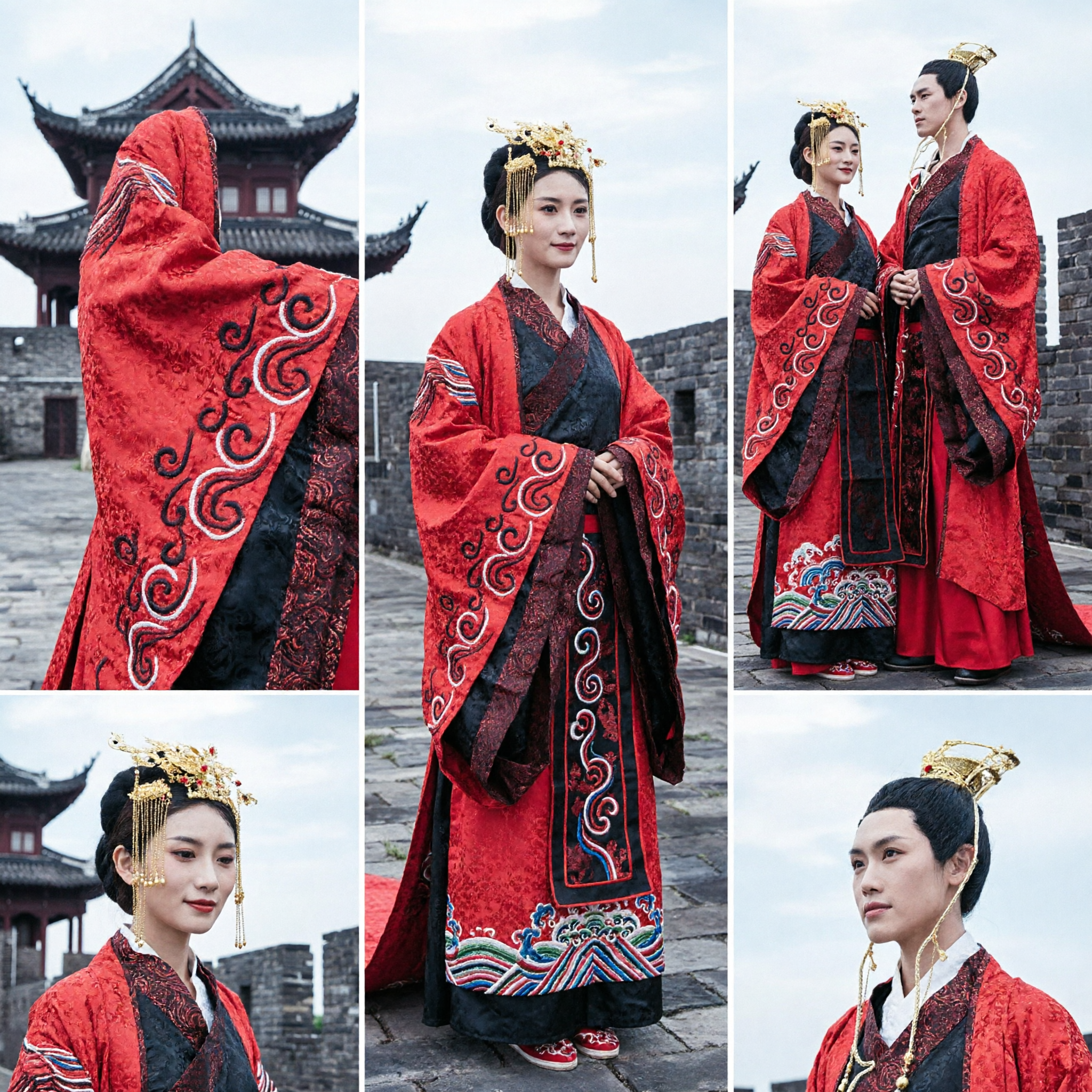 Set Costume da Sposa Hanfu Tradizionale Cinese Rosso e Nero Imperatore e Imperatrice Abito Antico Storico per Coppia - Asian Costume