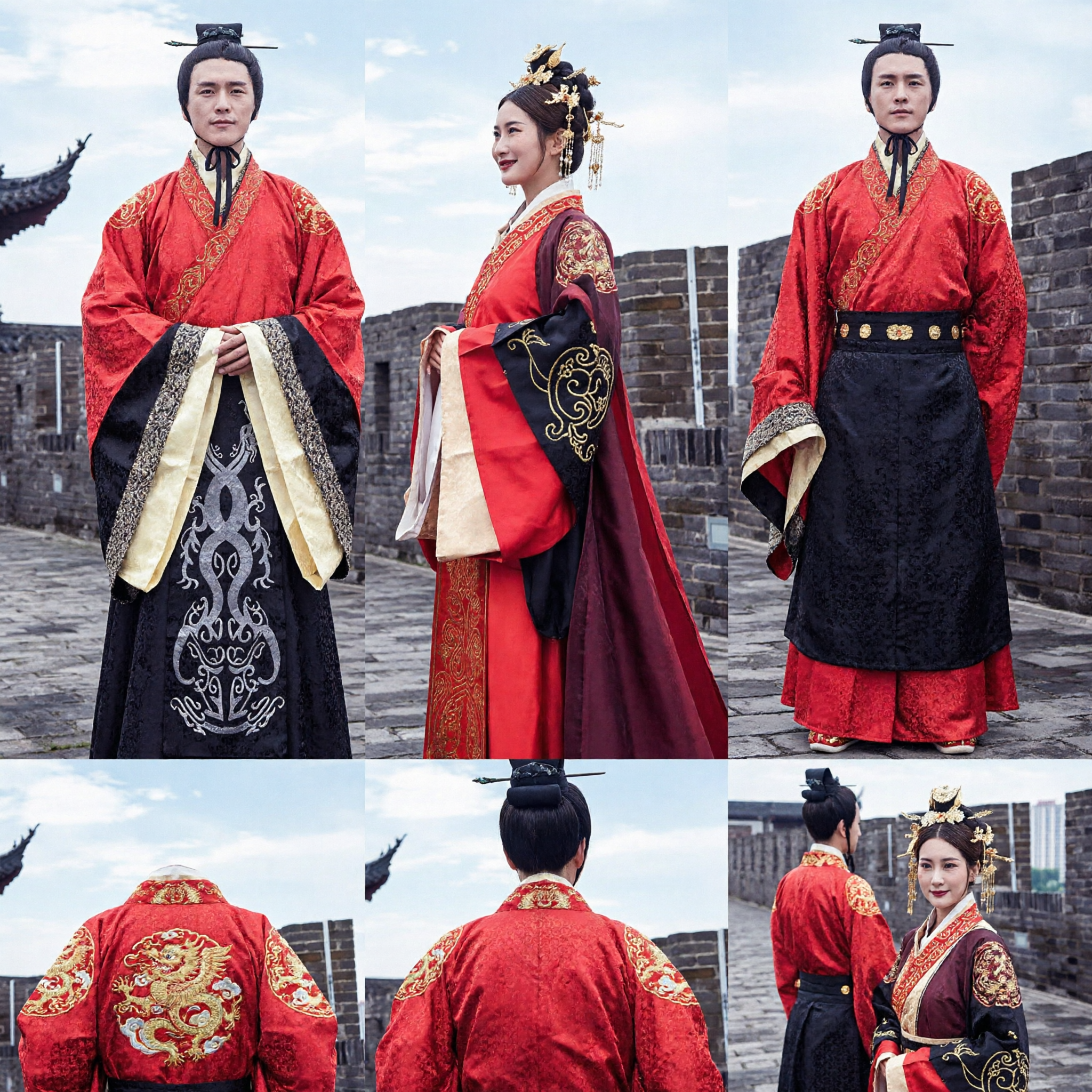 Costume de mariage Hanfu traditionnel chinois pour couples, style ancien de la dynastie Han, tenue formelle rouge et noire - Asian Costume