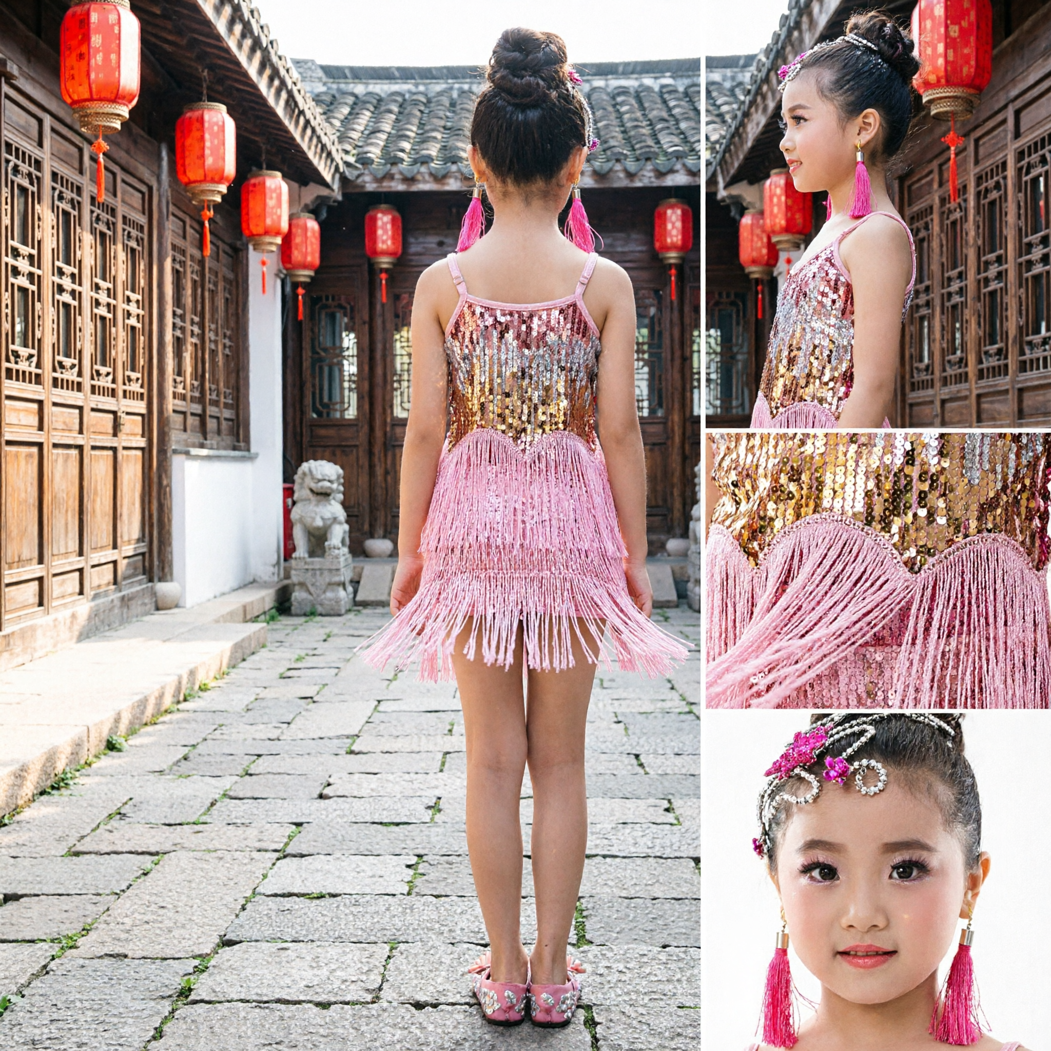 女の子ラテンダンスドレス キッズ用スパンコールフリンジ衣装 サンバ・タンゴ・チャチャパフォーマンスステージ用 - Asian Costume