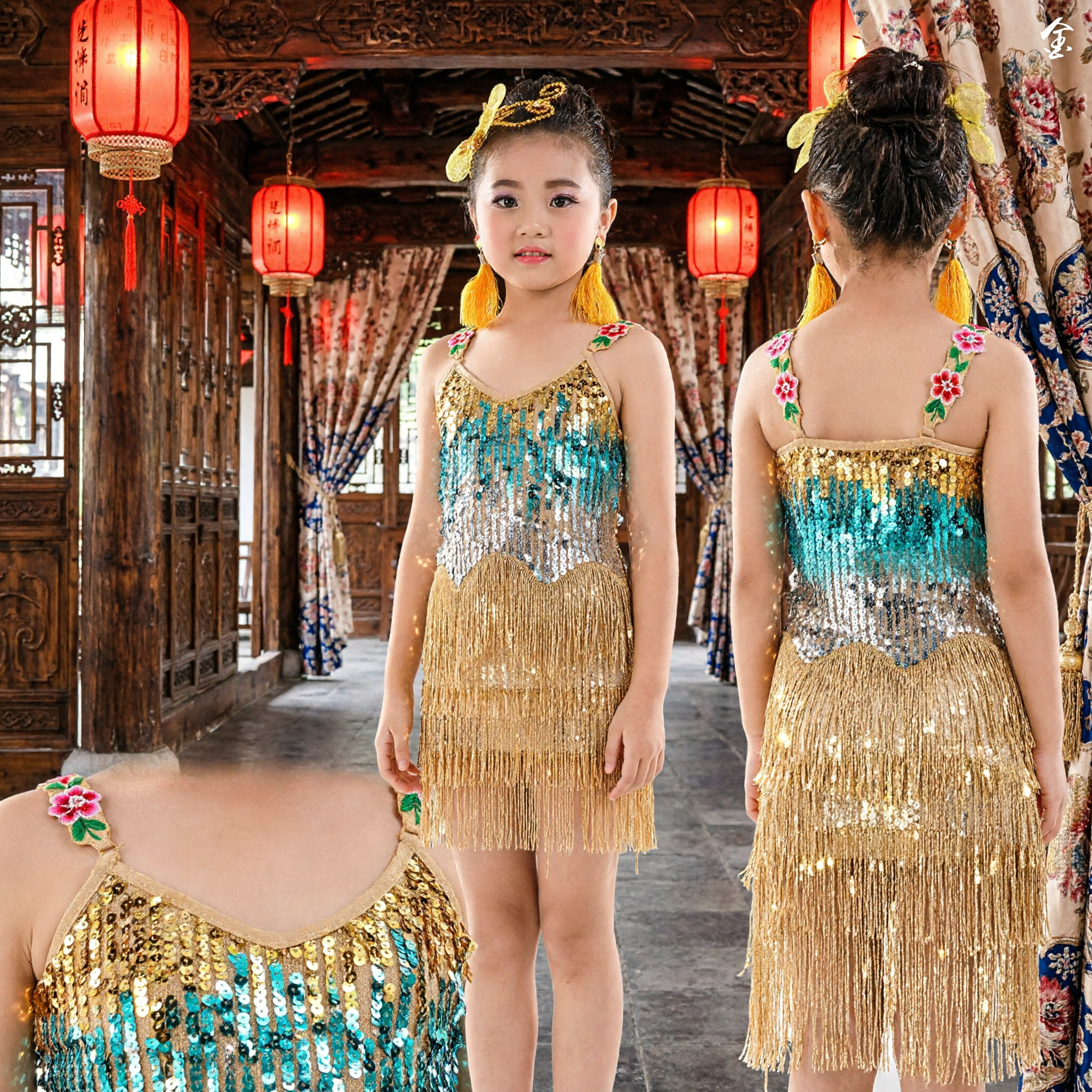 Meisjes Goud en Blauw Pailletten Latin Dansjurk met Franje voor Kinderen Podium Optreden Kostuum - Asian Costume