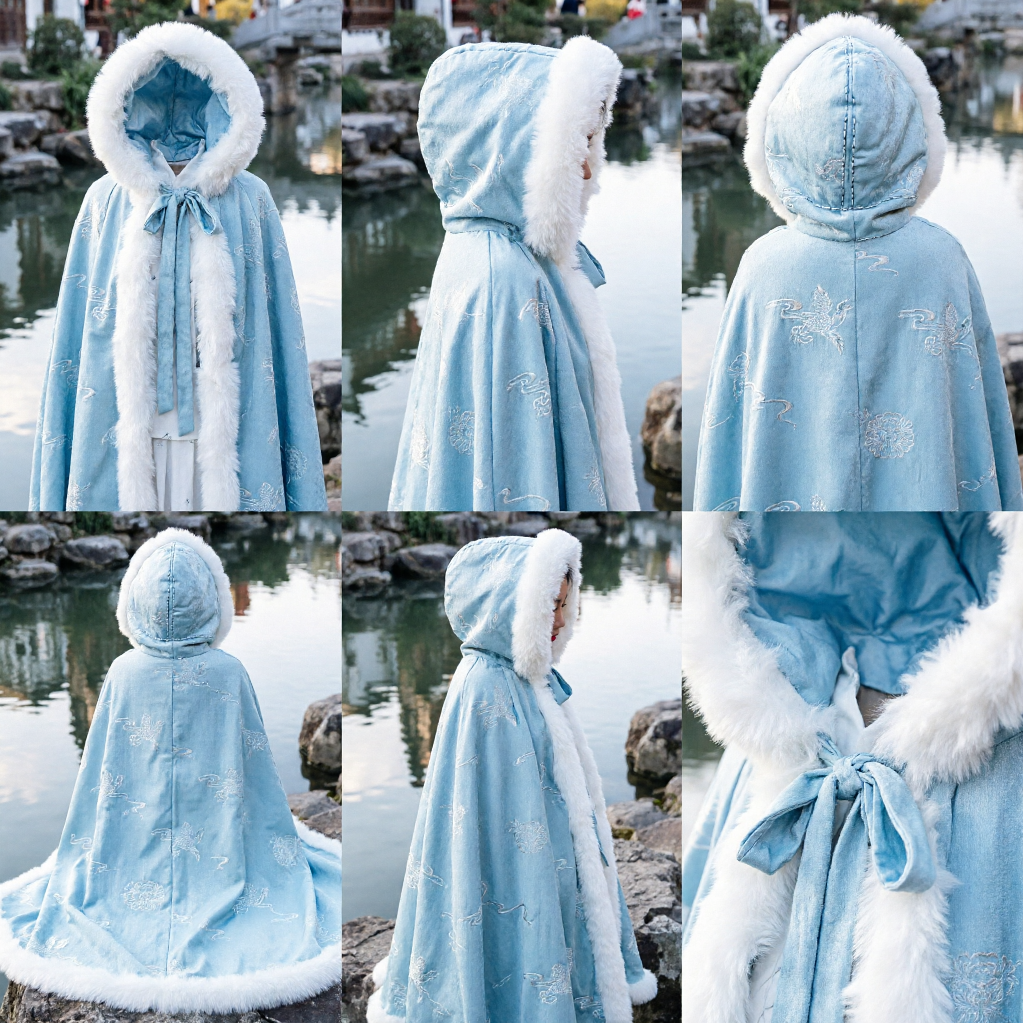 Manteau d'hiver traditionnel chinois Hanfu, cape à capuche bleu clair à fourrure, costume ancien pour femmes pour événements de cosplay - Asian Costume